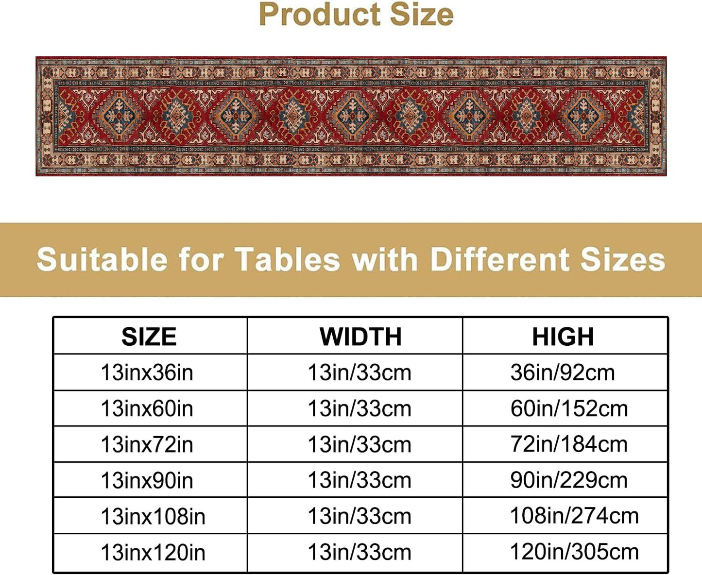 Boho Floral Vintage Table Runner, Red Grey Retro Flower Rustic Country Farmhouse Abstract Pattern for Home Kitchen Table Decor Dining Coffee Room Party Decor 13x36in