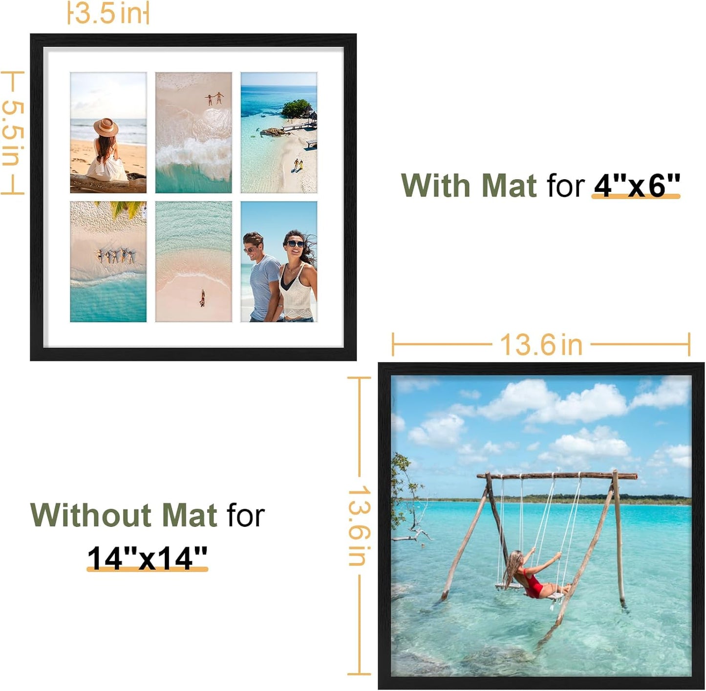 Vittanly 14x14 Collage Picture Frame, Displays 6Pcs 4x6 Pictures with Mat, Picture Frames Collage Wall Decor for Horizontal or Vertical Display, Black, 1 Pack