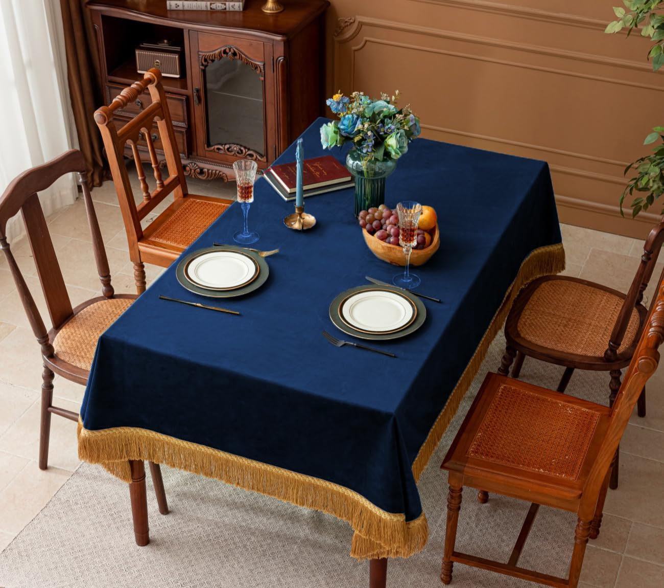 F-CHU Luxury Blue Tablecloth Thickset Velvet Tablecloth with Beautiful Gold Tassels Vintage Table Cloth for Home Decor Wedding, Party, Banquet and Events 60x102-Inch