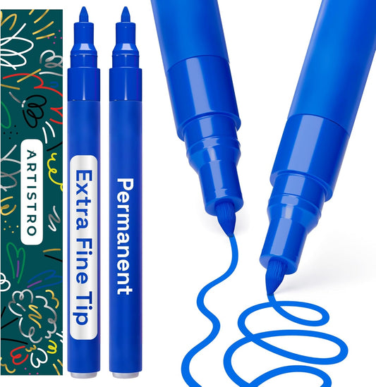 ARTISTRO Blue Permanent Marker - Set of 2 Black Paint Pen, Oil Based Paint Markers Extra-Fine Tip 0.7mm, Waterproof Quick Dry Black Marker for Rock Painting, Ceramic, Glass, Wood, Tire, Fabric & More