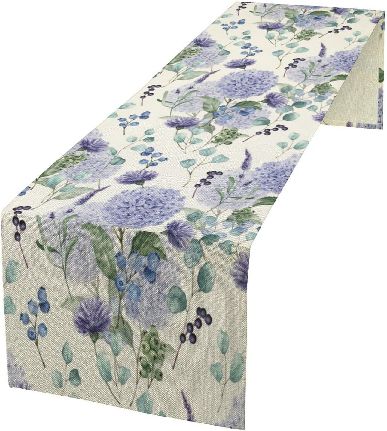 Spring Hydrangea Flower Table Runner, Seasonal Summer Plants Watercolor Eucalyptus Leaves Purple Florals Dinner Runner for Home Kitchen Dining Table Party Holiday Decoration 13"x120"