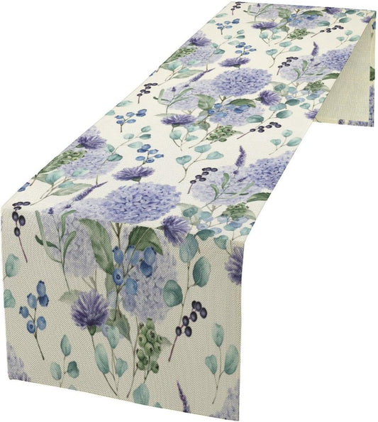 Spring Hydrangea Flower Table Runner, Seasonal Summer Plants Watercolor Eucalyptus Leaves Purple Florals Dinner Runner for Home Kitchen Dining Table Party Holiday Decoration 13"x36"