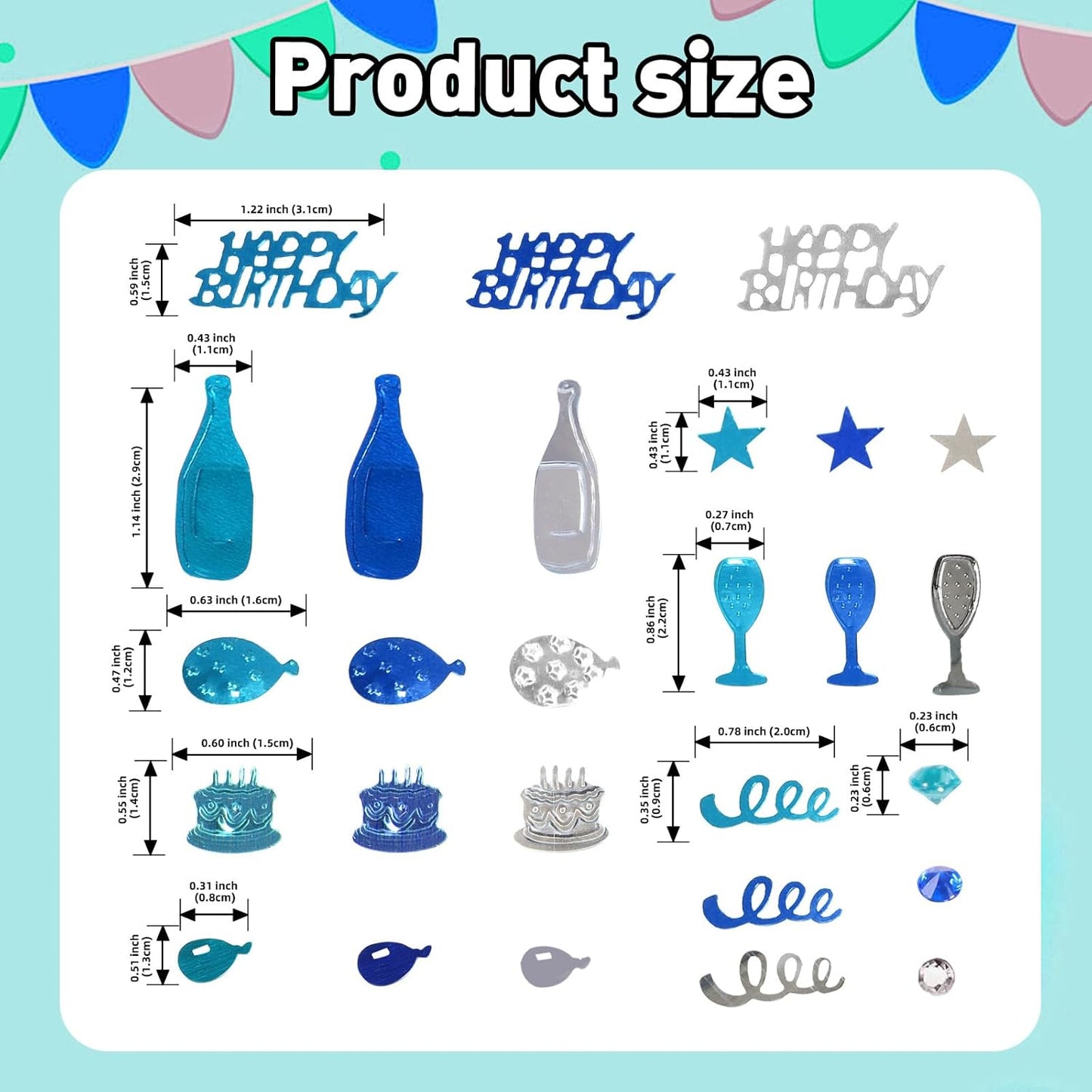 VHUWE Happy Birthday Confetti, 1.6 oz Dark Blue Light Blue Silver Cake Balloon Star Goblet Bottle Glitter Confetti for Boys Girls Kids Women Men Happy Birthday Party Table Decorations Supplies