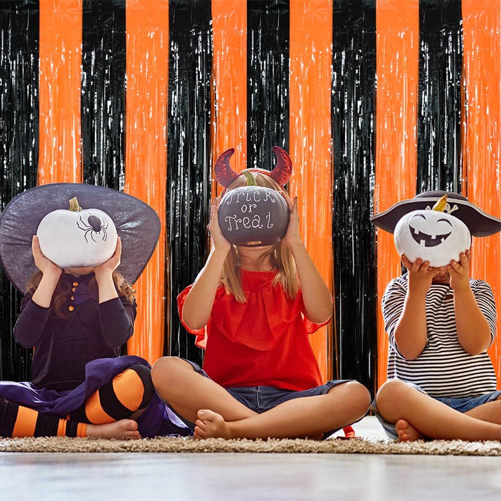 TONIFUL 2Pcs Black Orange Door Streamers,Photo Booth Backdrop Metallic Streamers Foil Fringe Curtains for Birthday,Christmas,New Year,Bachelorette,Halloween Party Streamers Decor(9.9ft x 6.6ft)