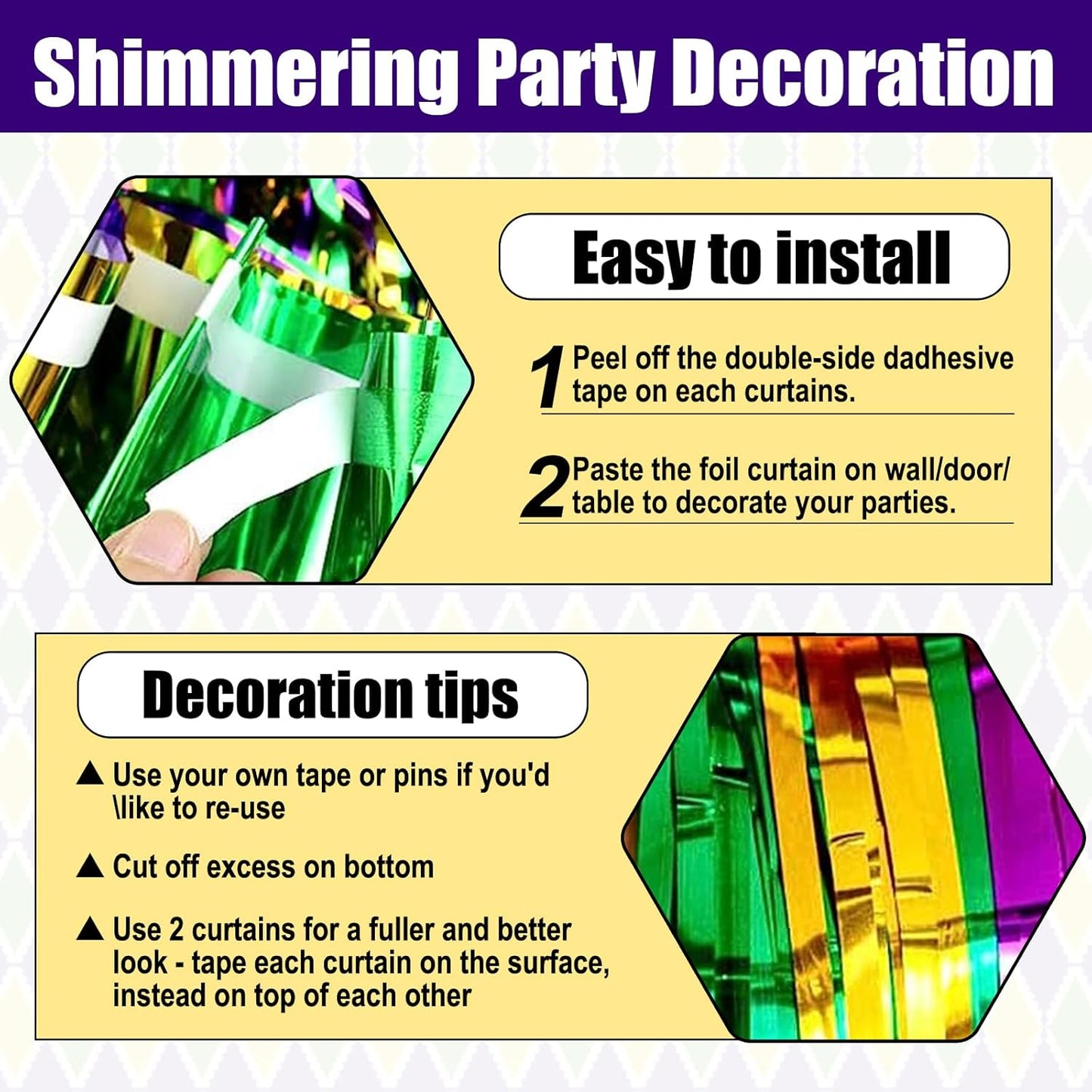 3 Pack Gold Green Purple Foil Fringe Curtain Backdrop, 3.28Ft x 8.2Ft Metallic Tinsel Foil Fringe Streamer Curtains for Photo Booth, Mother's Day, Easter, Birthday, Wedding Party Decorations