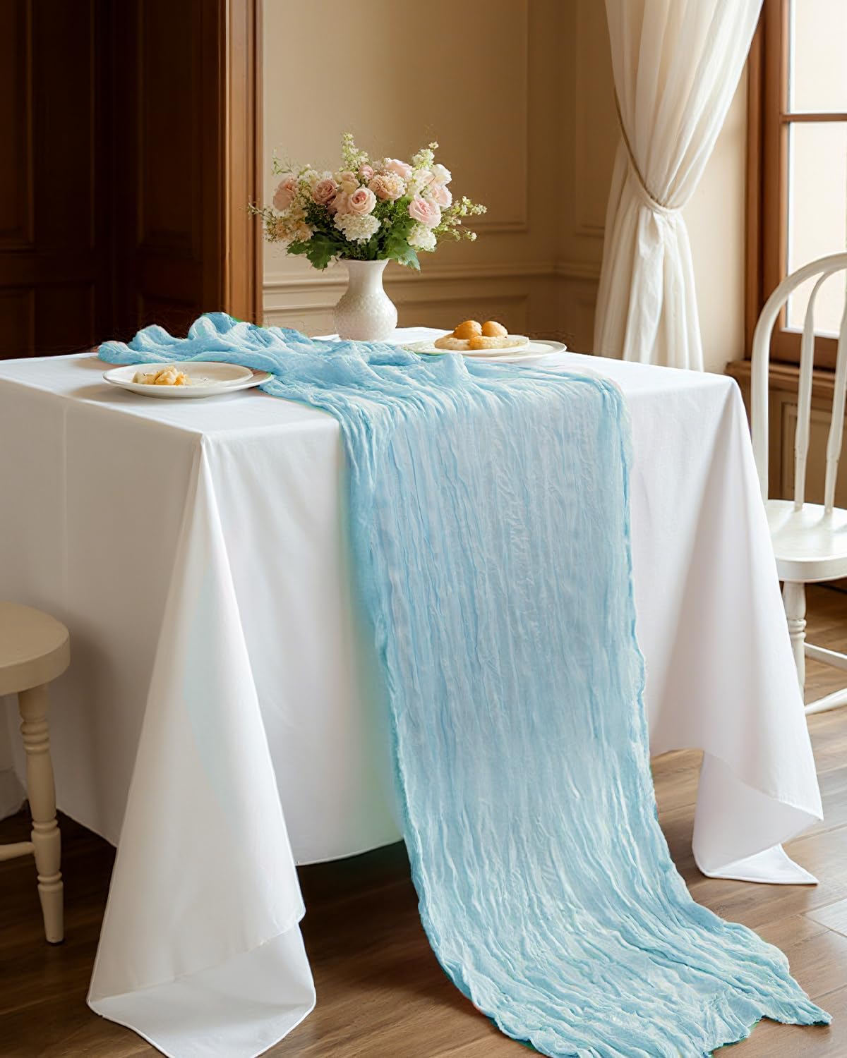 Blue Cheesecloth Table Runner 120 Inch, Light Blue Boho Gauze 10 FT, Rustic Cheese Cloth Table Runner for Wedding, Baby Bridal Shower, Birthday, Party, Holiday Decor Home Decorations