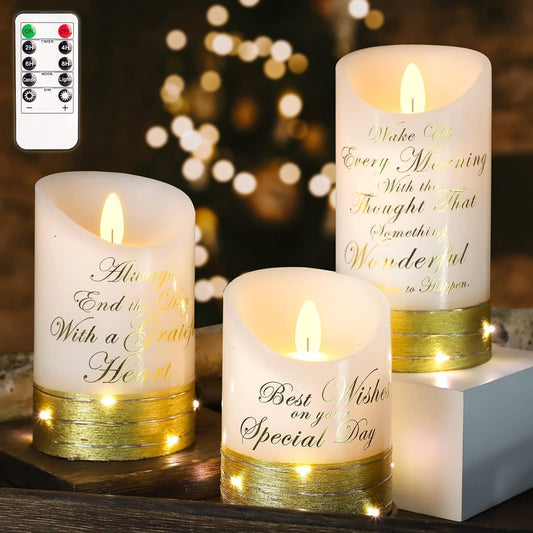 Silverstro LED Flameless Candles with Remote, Set of 3 Inspirational Message Candles, Gold Base with Timer Function