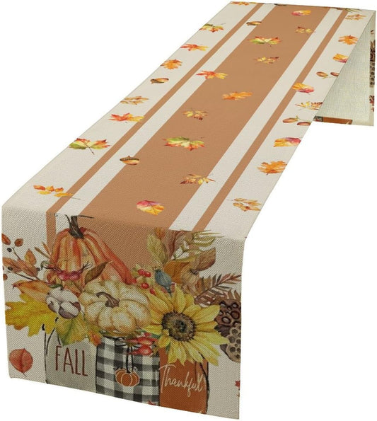 Autumn Table Runner,Thanksgiving Fall Pumpkin Leaves Floral Table Cloth for Kitchen Dining Table Decoration Home Party Decor 13x70 Inch