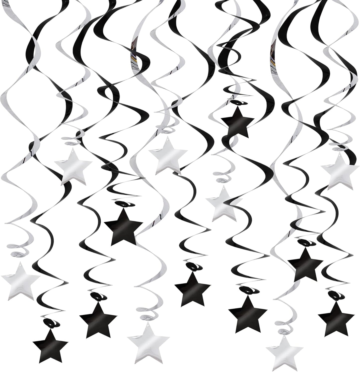 BEISHIDA Black Silver Stars Hanging Swirls Bachelorette Graduation Hanging Ornament Decorations for Birthday Party Supplies Congrats Grade 2025 Graduation Decorations,Pack of 15