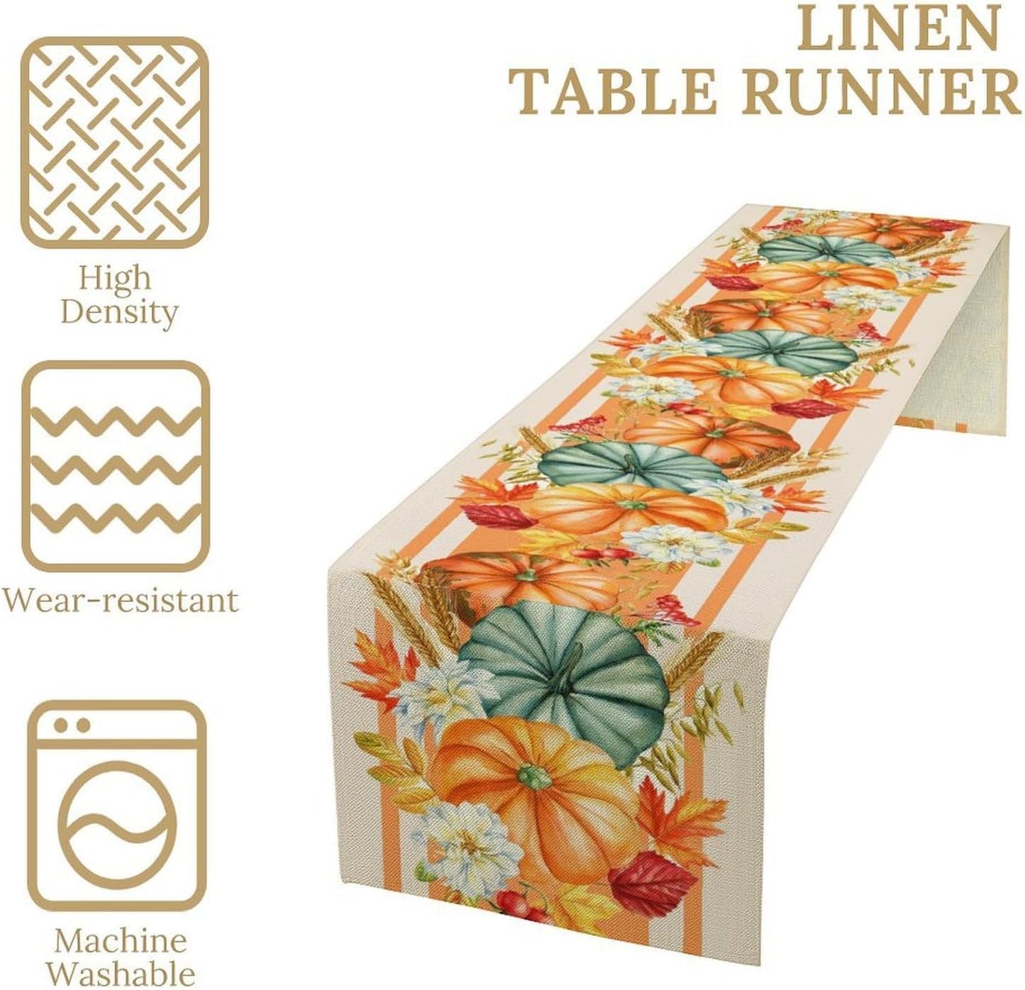 Autumn Table Runner,Orange Pumpkin Flowers Leaves Fall Table Runners Seasonal Kitchen Dining Table Decor for Thanksgiving Harvest Home Holiday Party 13x70 Inch