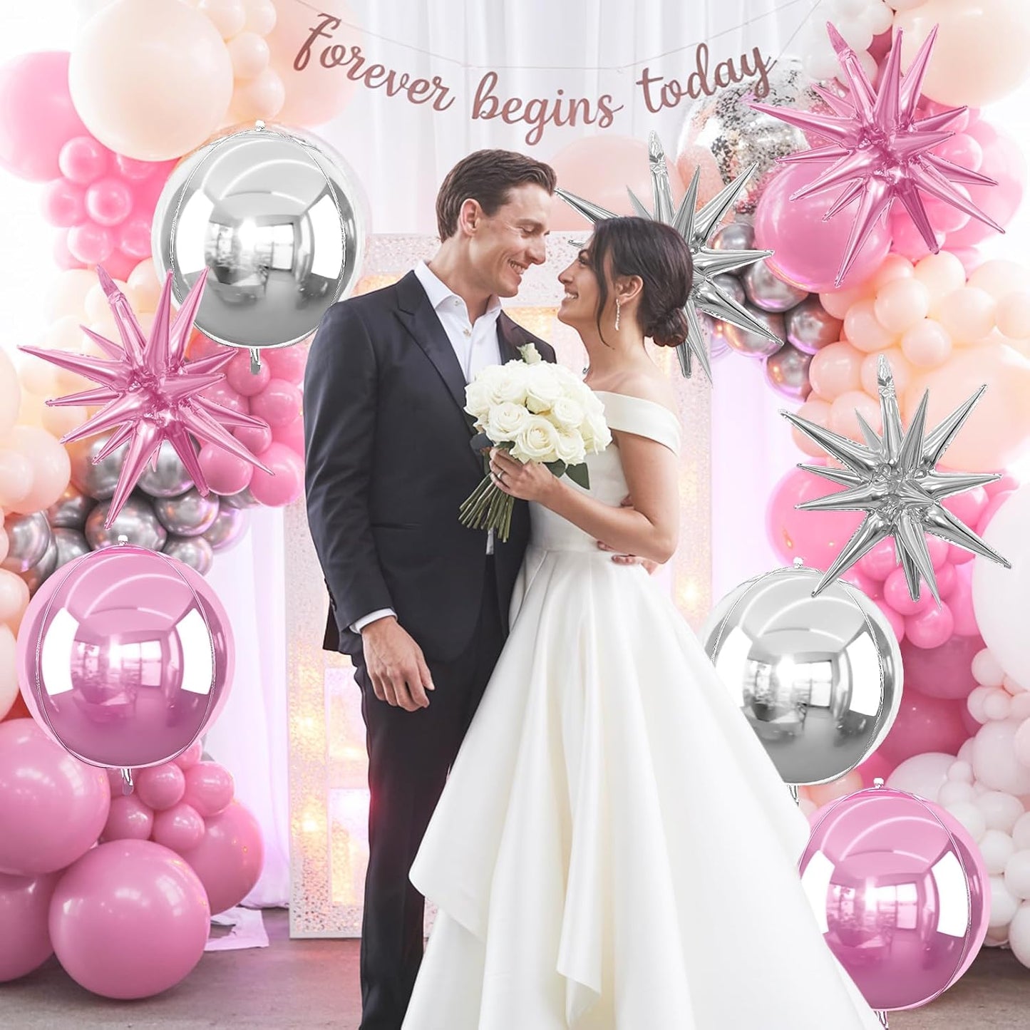 6Pcs Pink Silver Foil Balloons,22Inch Light Pink Silver 4D Round Ball Balloon and Explosion Star Balloon for Birthday Wedding Baby Shower Anniversary Decorations