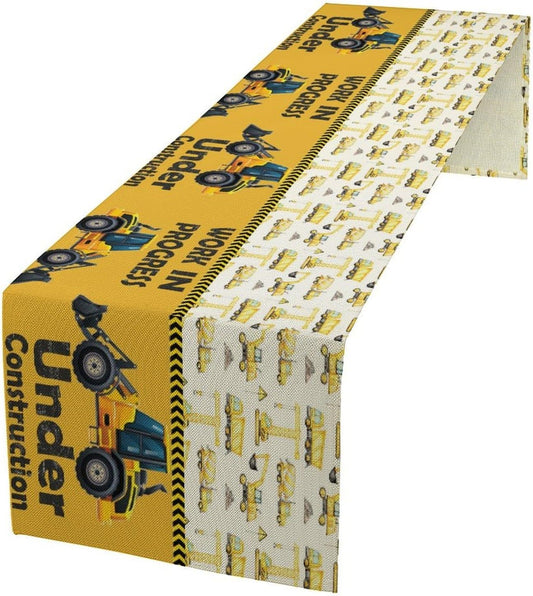 Cartoon Car Table Runner,Boys Kids Construction Vehicles Truck Yellow Print Tablecloth Burlap for Hotel Indoors Outdoor Dining Room Kitchen Home Decor,W13X L90 in
