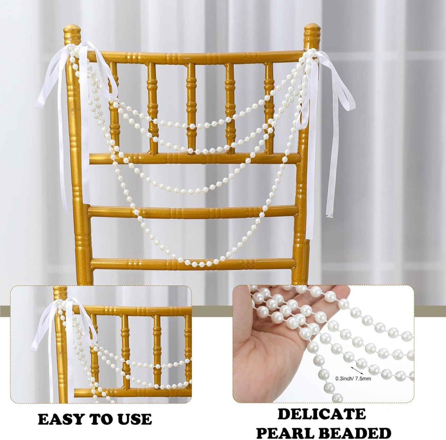 Wedding Pearl Bow Chair Decor Satin Ribbon Bows with Pearl Beaded String Garland Aisle Chair Sashes Decorations for Ceremony Coquette Party Banquet Decor