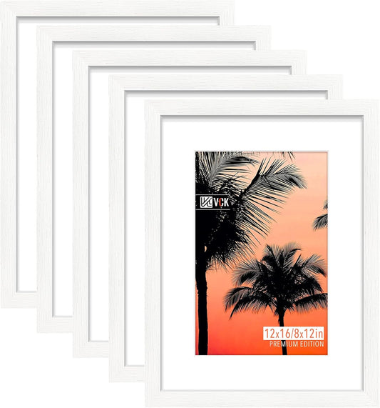 VCK 12x16 White Picture Frame set of 5, Textured Exclusive Wooden Photo Frames with HD glass | Matted to 8x12 or 12x16 without Mat | Wall Hanging