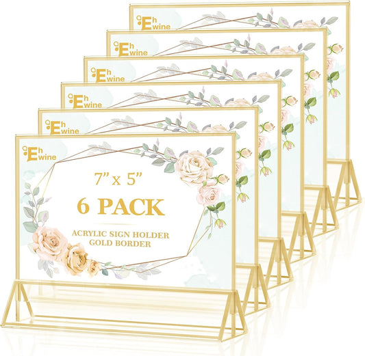 EHWINE 6 Pack Acrylic Sign Holder 5 x 7 Horizontal, Double-Sided Stand up Table Top Sign Holders, Gold Acrylic Picture Frame Menu Flyer Paper Holder Display Stand for Office Business Store Wedding Party