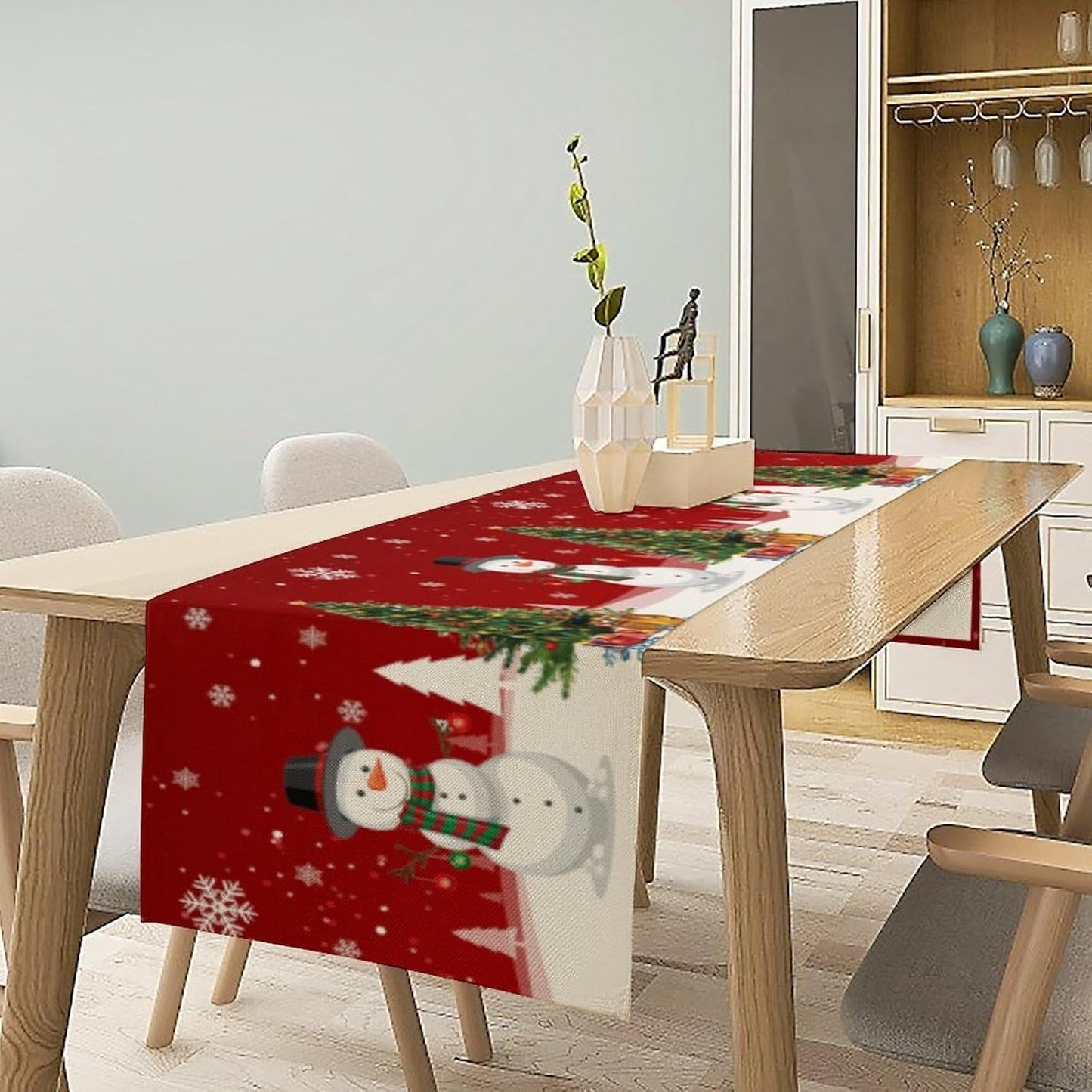 Christmas Table Runner,Snowman Rustic Red Snowflake Winter Table Cloth Kitchen Dining Table Decoration for Home Party Decor 13x60 Inch