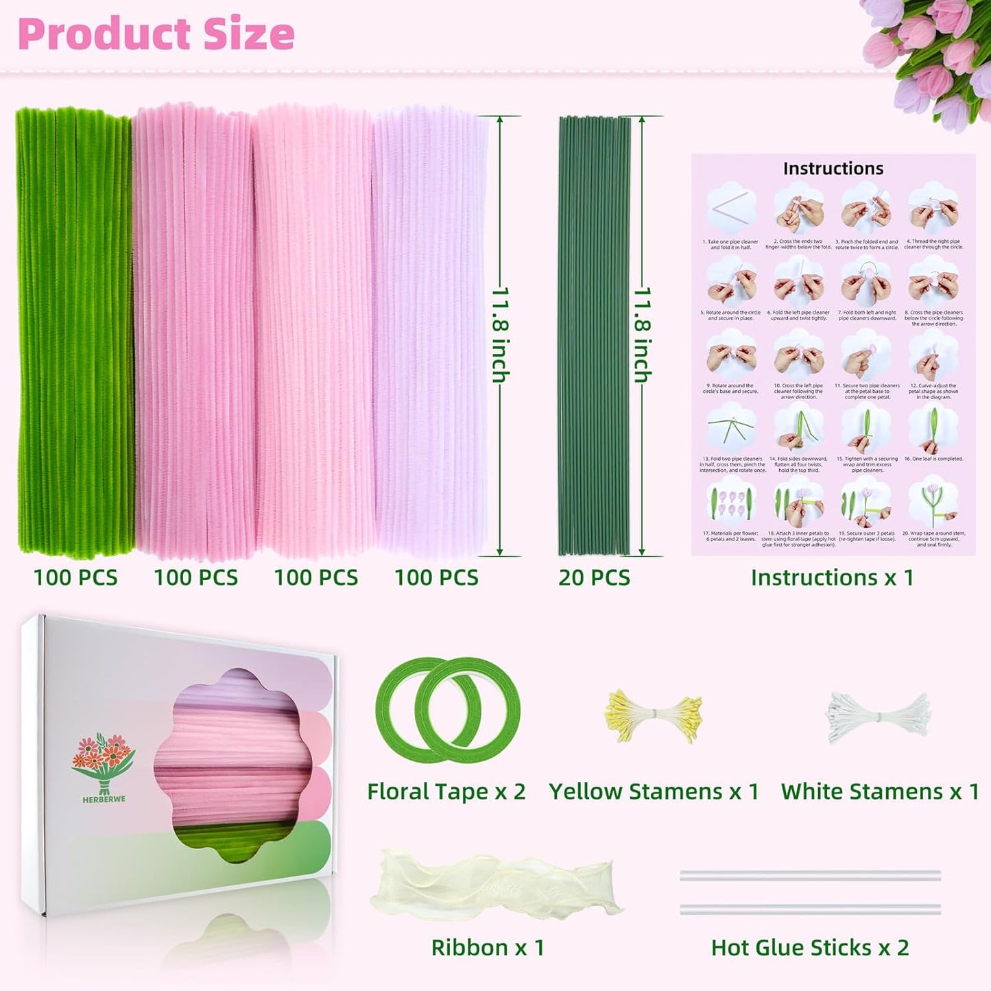400 Pcs Pipe Cleaners Craft with Pastel Colors, Chenille Stems Flowers Craft Kit with Floral Wires, Floral Tape, Stamen & Ribbon, Pink Pipe Cleaner Flower Kit for Wedding Gift, Holiday Decoration