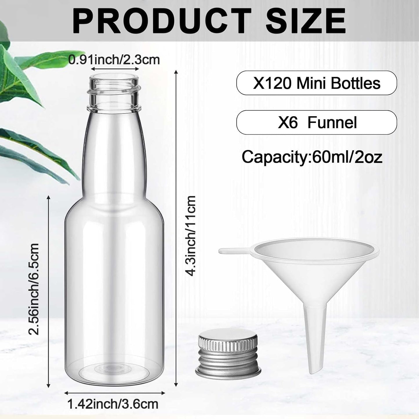 120 Pcs Mini Liquor Bottles Airtight Shot Miniature Empty Plastic Alcohol Spirit Shot Bottles with Funnels for Party Favors, Weddings(2 oz,Silver)