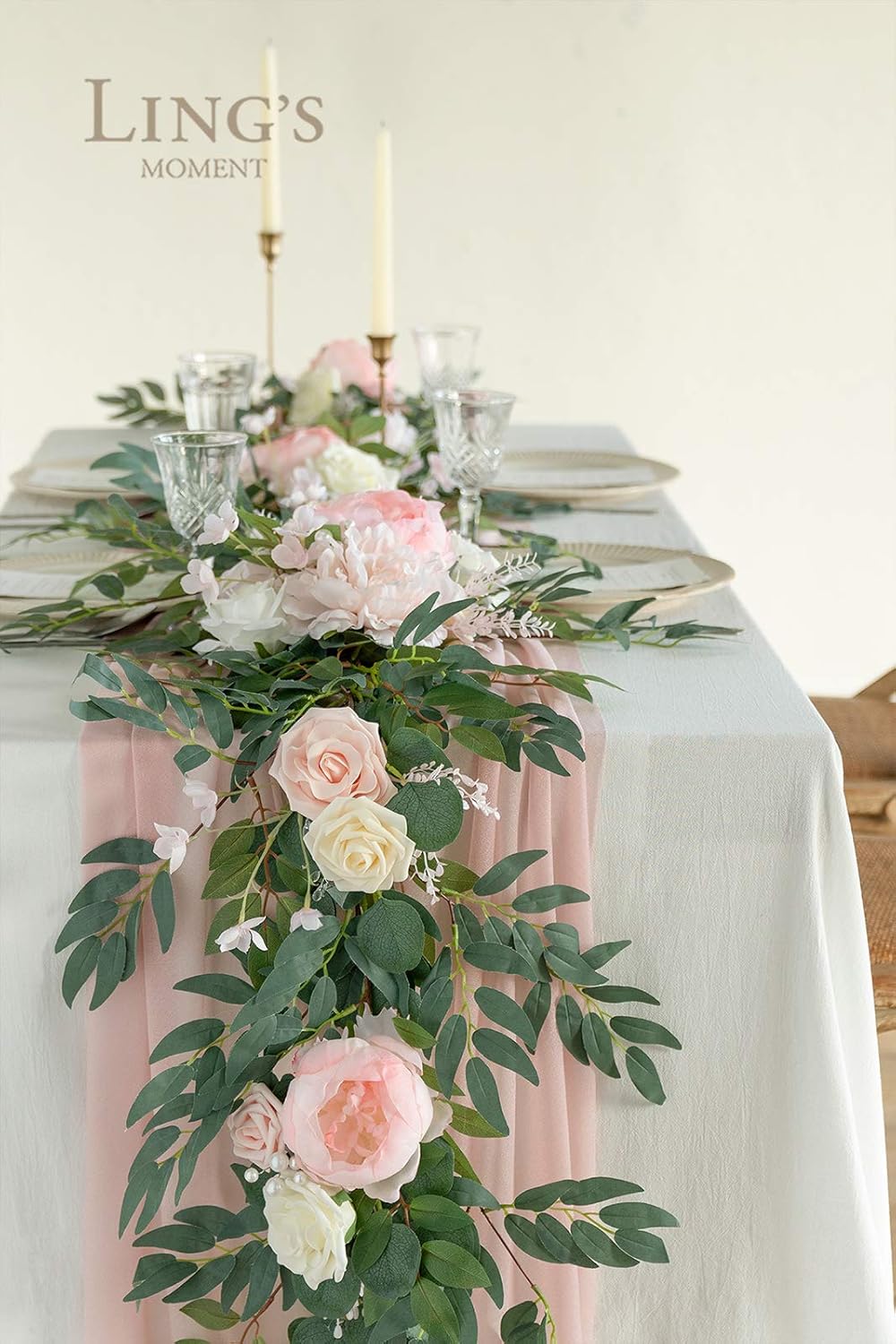 Ling's Moment Arch Flower Garland - 6FT Eucalyptus & Rose - Sweetheart Table Decor for Wedding Reception, Artificial Floral Garland for Mantle, Thanksgiving, Christmas Decoration, Blush Pink & Cream