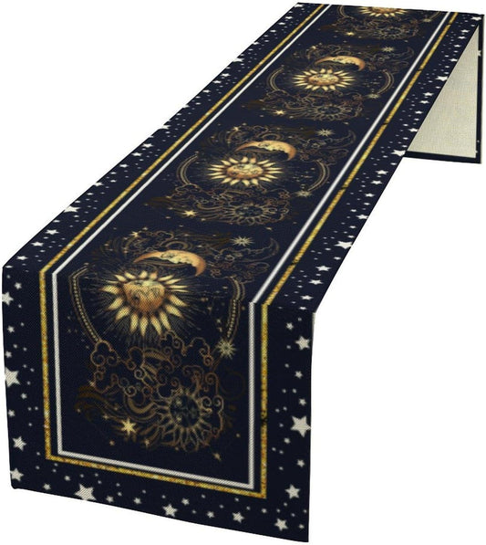 Sun Moon Table Runner, Seasonal Golden Sun Moon Holiday Kitchen Dining Table Runner for Kitchen Living Room Home Party Decor 13x108 Inch