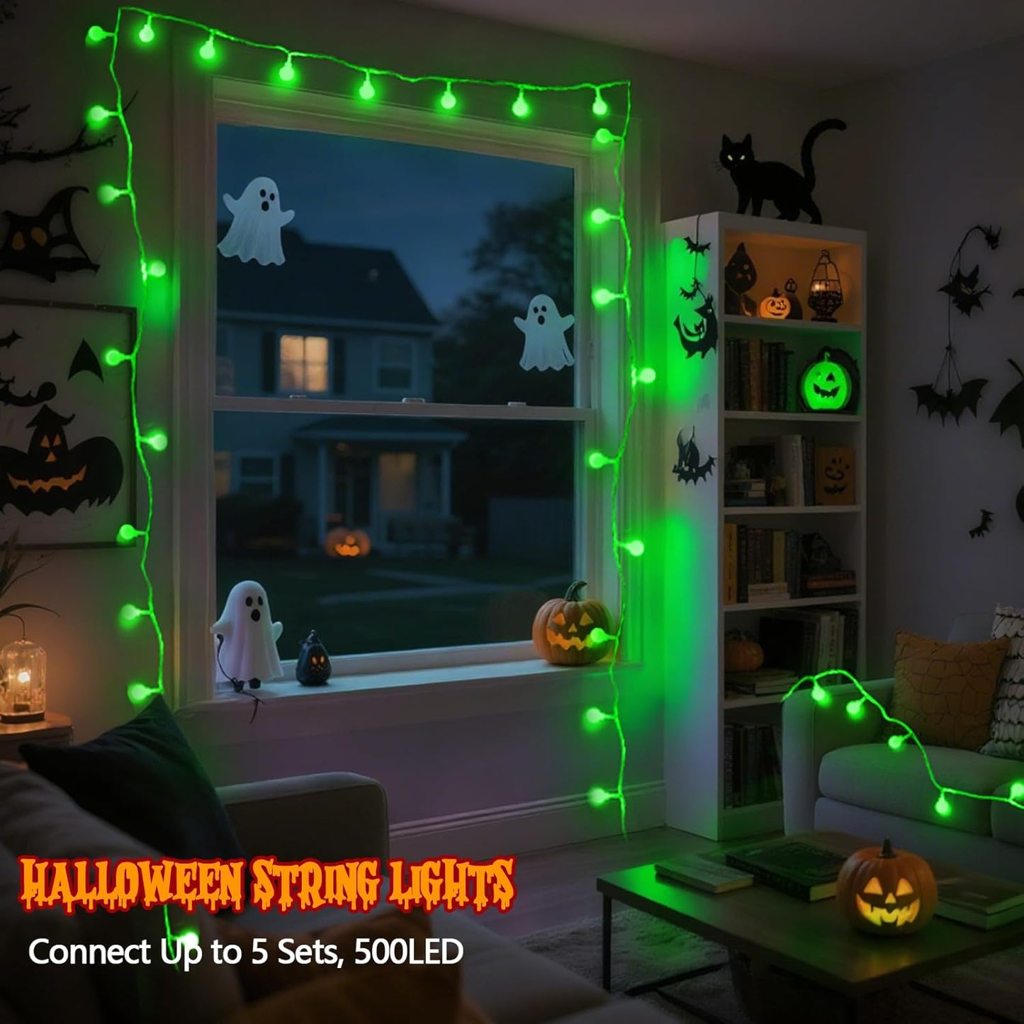 Connectable Green Halloween Lights Outdoor Indoor - 43FT 100LED Globe String Lights Plug in with Timer, 13 Modes Fairy Light Waterproof for Party Halloween Decorations Bedroom Decor