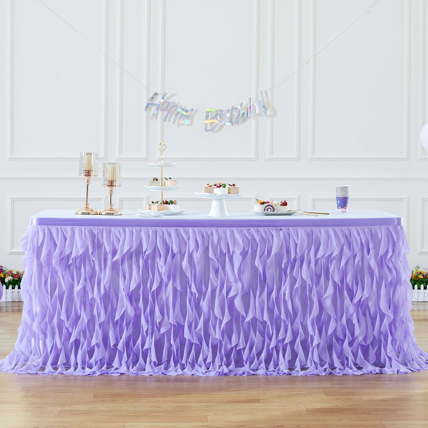 PARTISKY Lavender Purple Tulle Curly Willow Table Skirt for Rectangle Table 17ft, Ruffle Tutu Table Cloth for Girls Boys Baby Shower,Mermaid Birthday Party