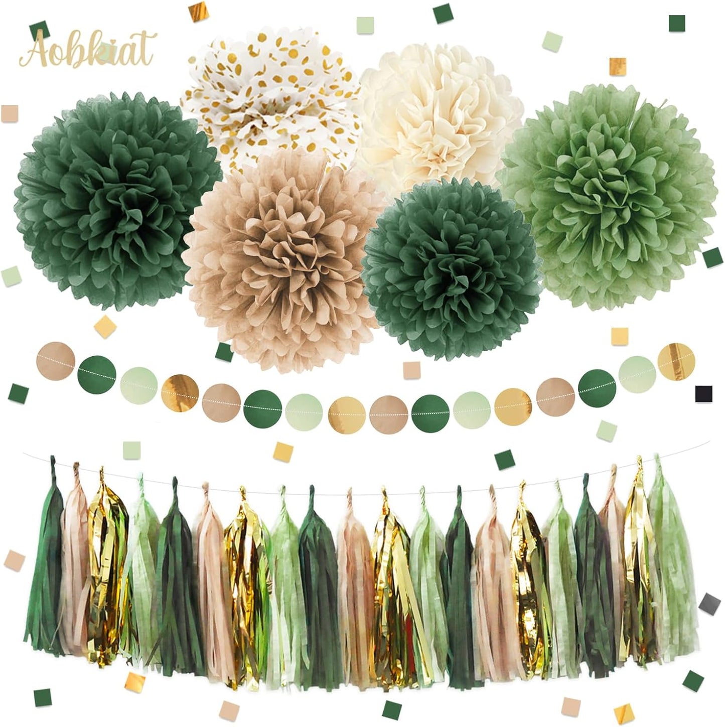 AOBKIAT Sage Green Wedding Party Decorations,28 PCS Tissue Paper Pom Poms,Circle Dots Garland Paper Tassels Hanging Backdrop for Girl Women Birthday,Bridal Baby Shower,Boho Wedding Party Supplies