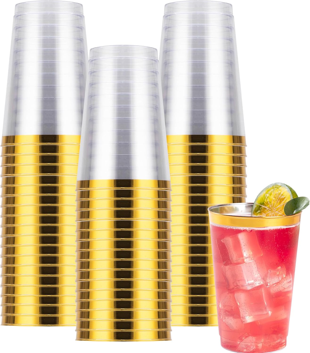 Goodluck 50PCS 14oz Gold Plastic Cups for Party, Disposable Gold Rim Cups, Plastic Cocktail Glasses for Wedding Thanksgiving, Christmas, and Parties