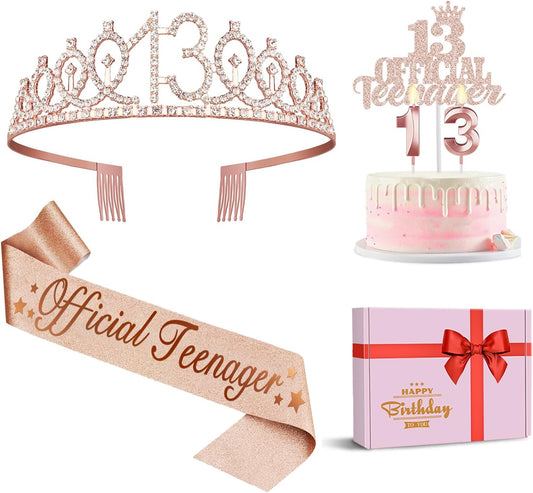 13th Birthday Decorations for Girls, Including 13th Birthday Crown/Tiara, Official Teenager Sash and Cake Topper, Number Candles, 13 Year Old Girl Gifts