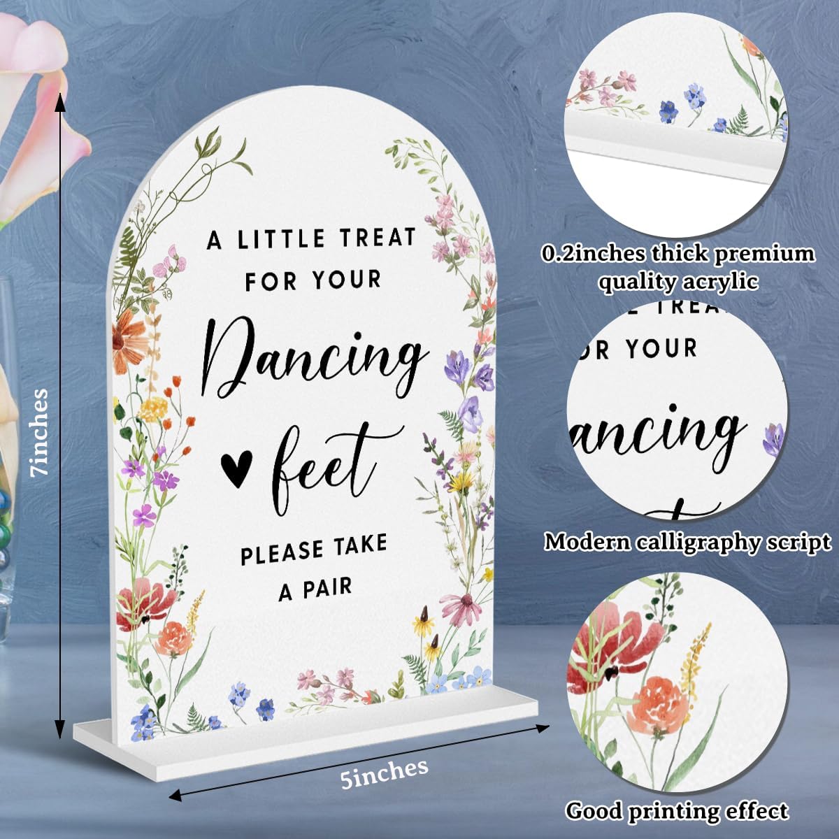 Acrylic Wedding Signs, Dancing Feet Signs for Marriage Reception, Bridal Shower Decorations, Modern Arched Round Top Acrylic Table Top Sign with Holder for Wedding Party Dinner (White Wildflowers)