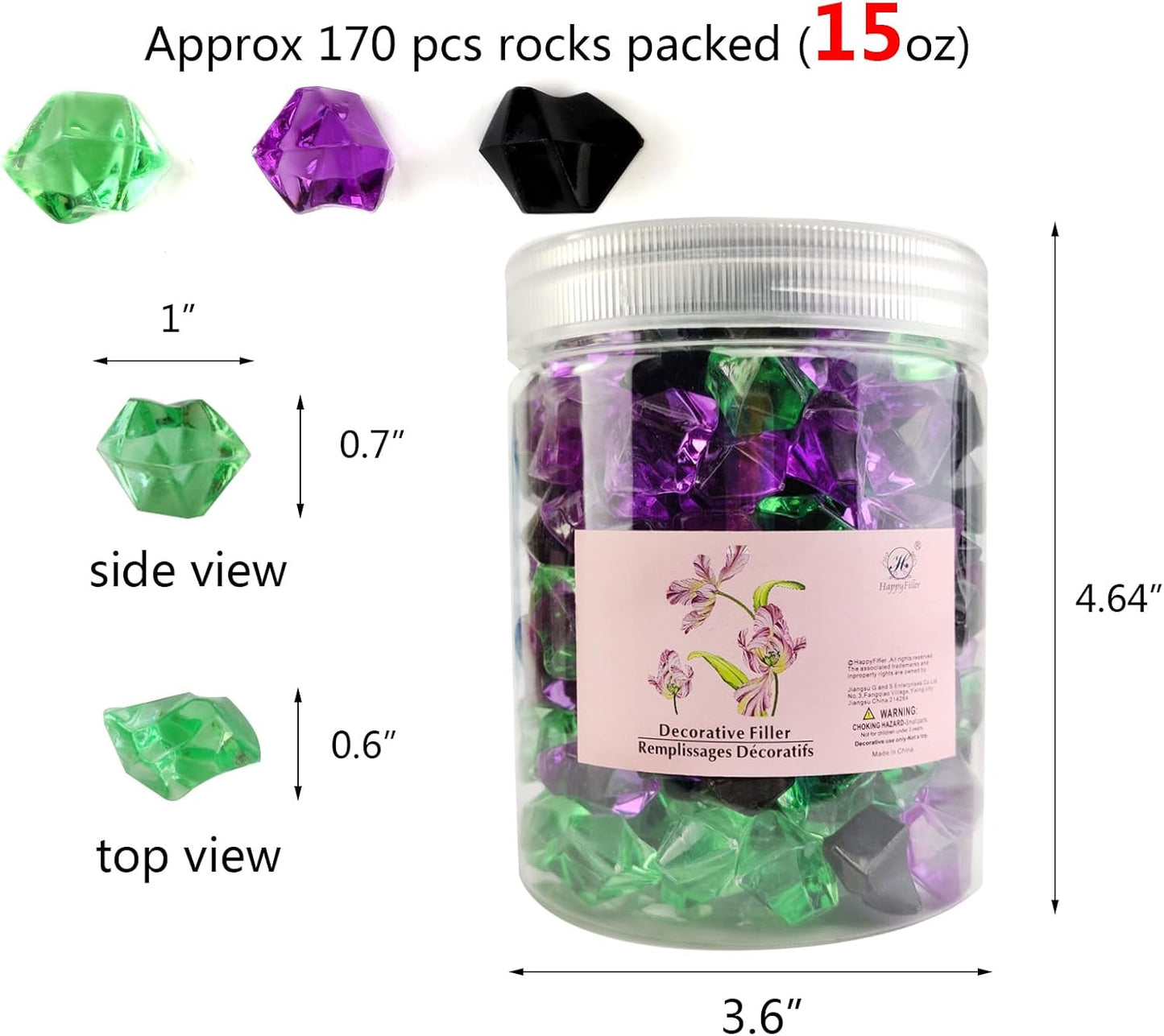 HappyFiller Halloween Decoration Fake Ice Rocks Crystal Cubes Stones for Vase Fillers,Party Decor, Crafts,Pirate Treasure Jewels Plastic Gemstone,Table Scatters,Mix Purple Green Black,15 OZ