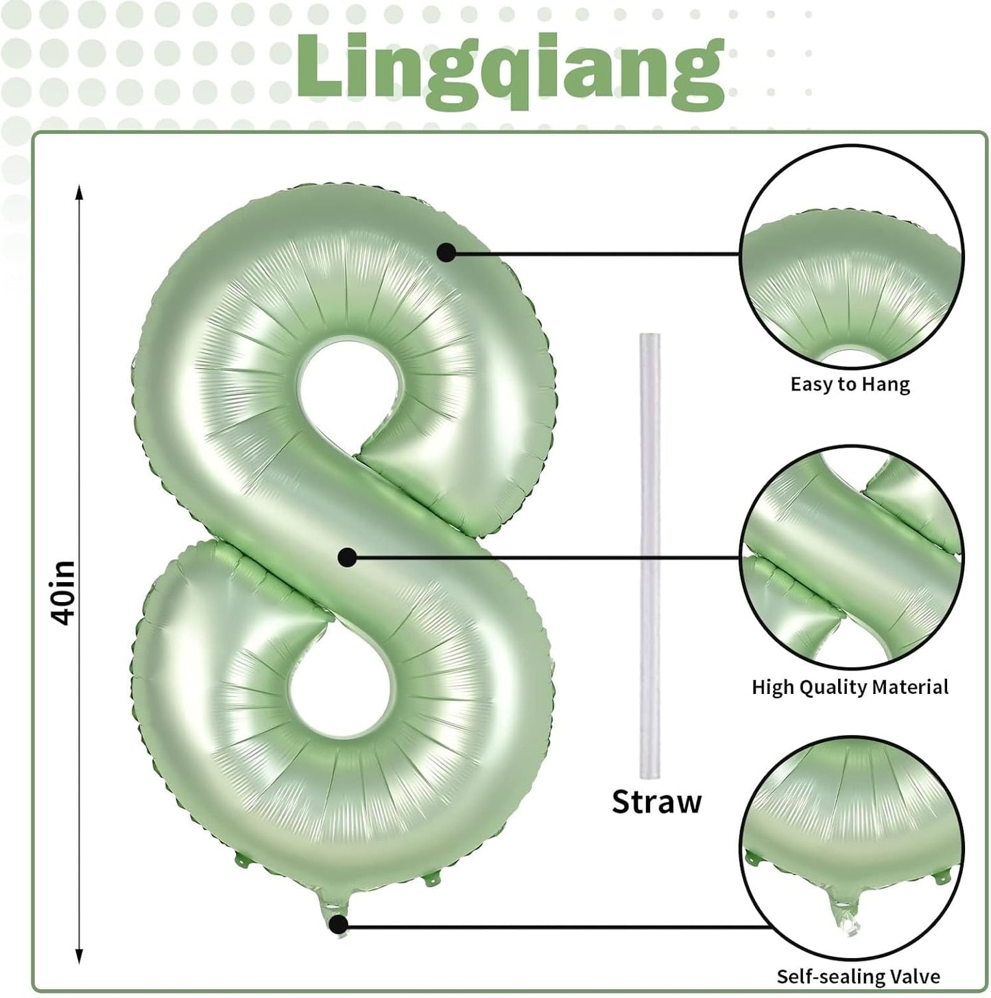 Sage Green Balloon Number 8, 40 Inch Large Self Inflating Foil Number Balloons 0-9, Olive Green Digital 8 Helium Balloon for 8th Girls Boys Women Jungle Safari Birthday Party Anniversary Decorations