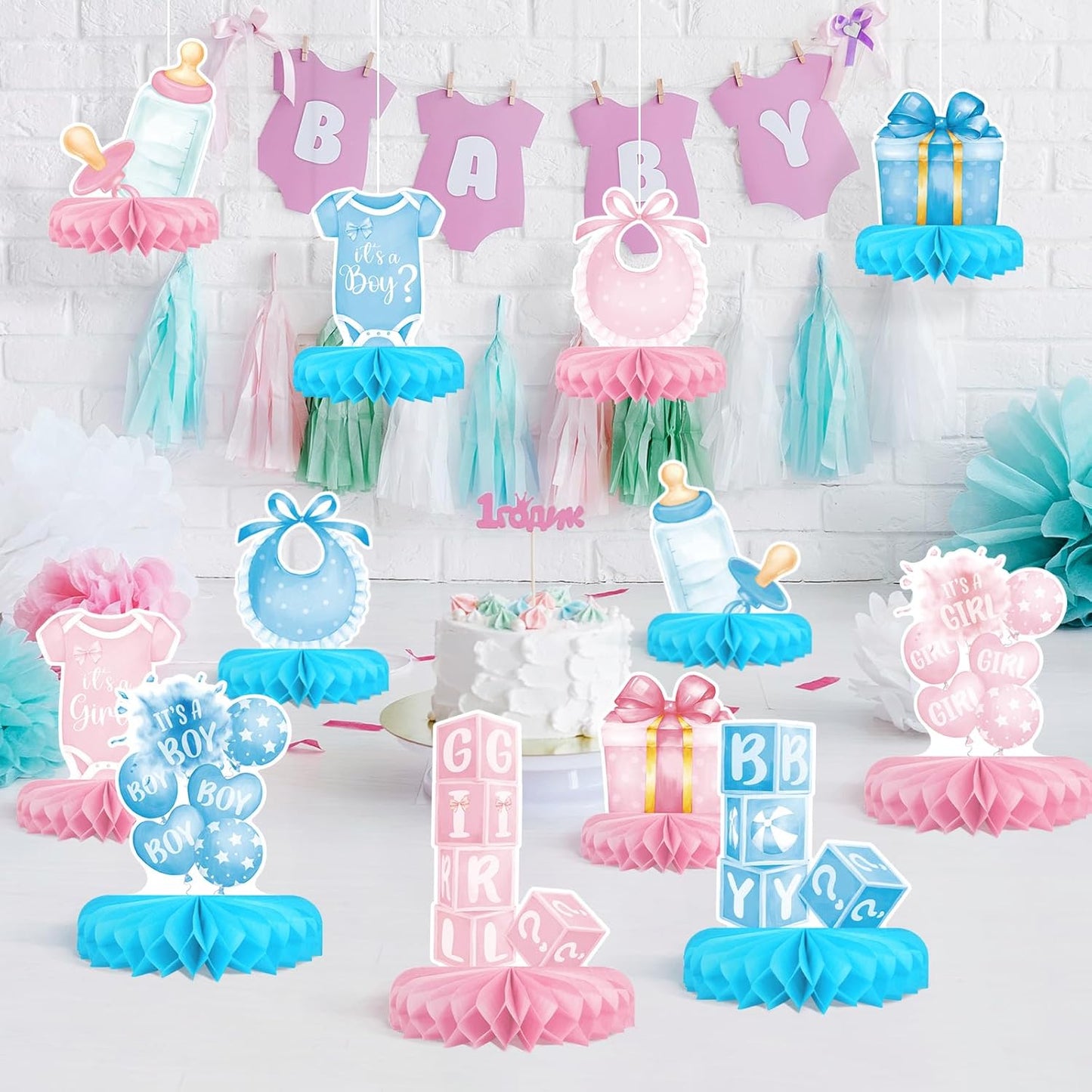 Gender Reveal Decoration Set - Includes Baby Reveal Table Decorations with Honeycomb Centerpiece for Boy or Girl Baby Shower Party Decoration
