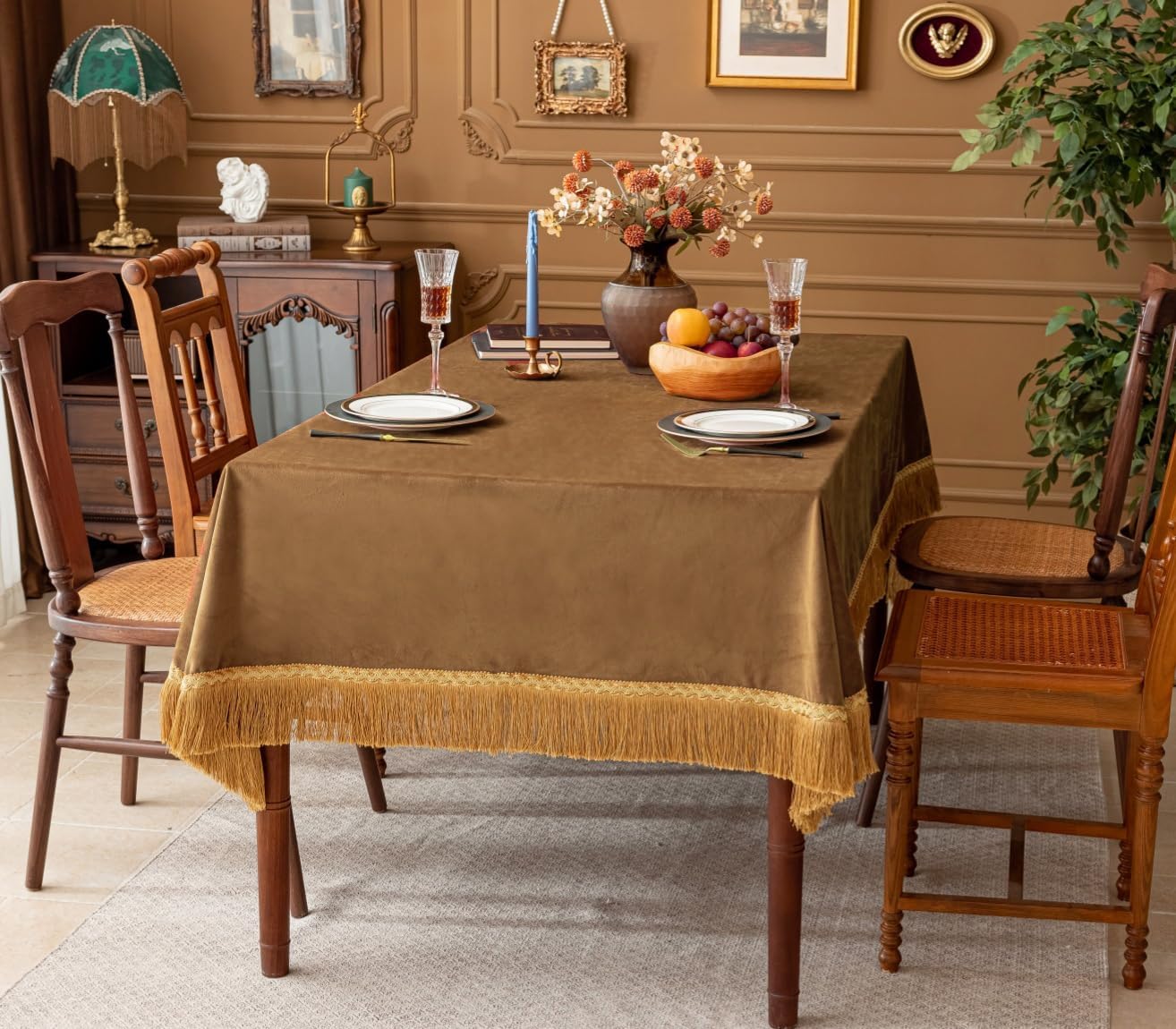 F-CHU Luxury Camel Tablecloth Thickset Velvet Tablecloth with Beautiful Gold Tassels Vintage Table Cloth for Home Decor Wedding, Party, Banquet and Events 60x86-Inch