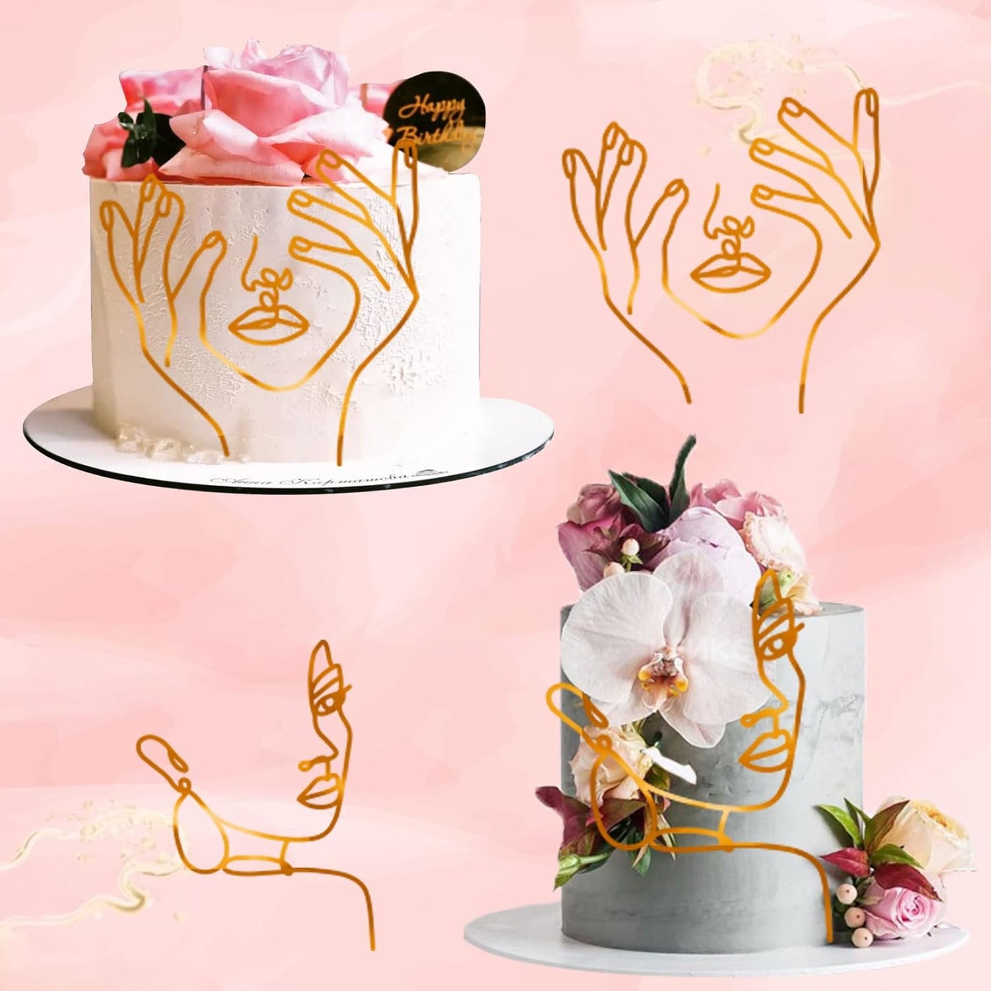 12 Pcs Acrylic Lady Face Cake Topper Minimalist Art Happy Birthday Cake Toppers Women Wedding Cake Decoration for Wedding Birthday Party (Gold)