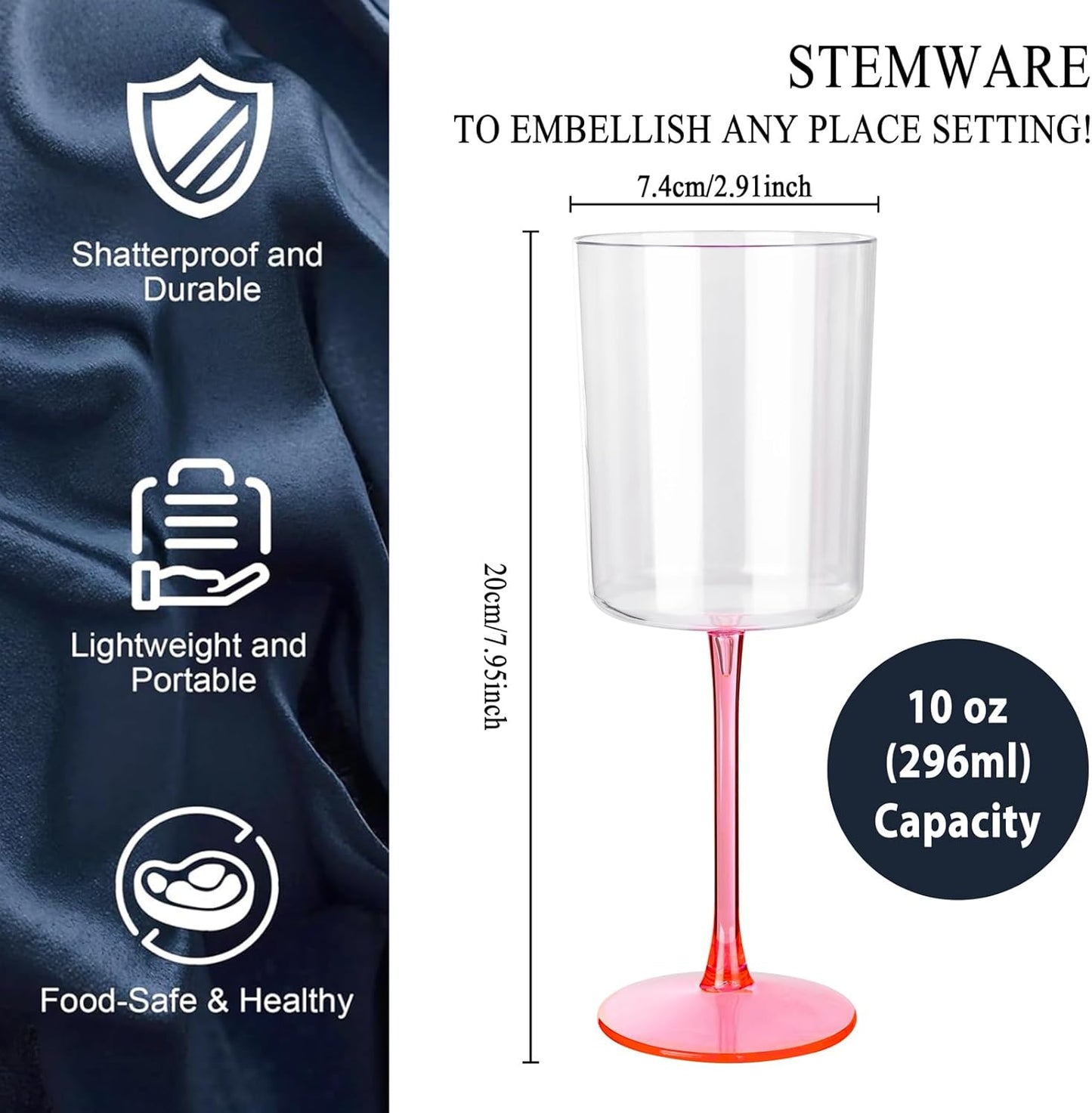 Ciaell 12 Pack 10 Oz Clear Plastic Wine Glasses with Pink Stem - Disposable Cocktail Goblets Perfect for Parties & Weddings & Poolside & Outdoors & Camping & Party