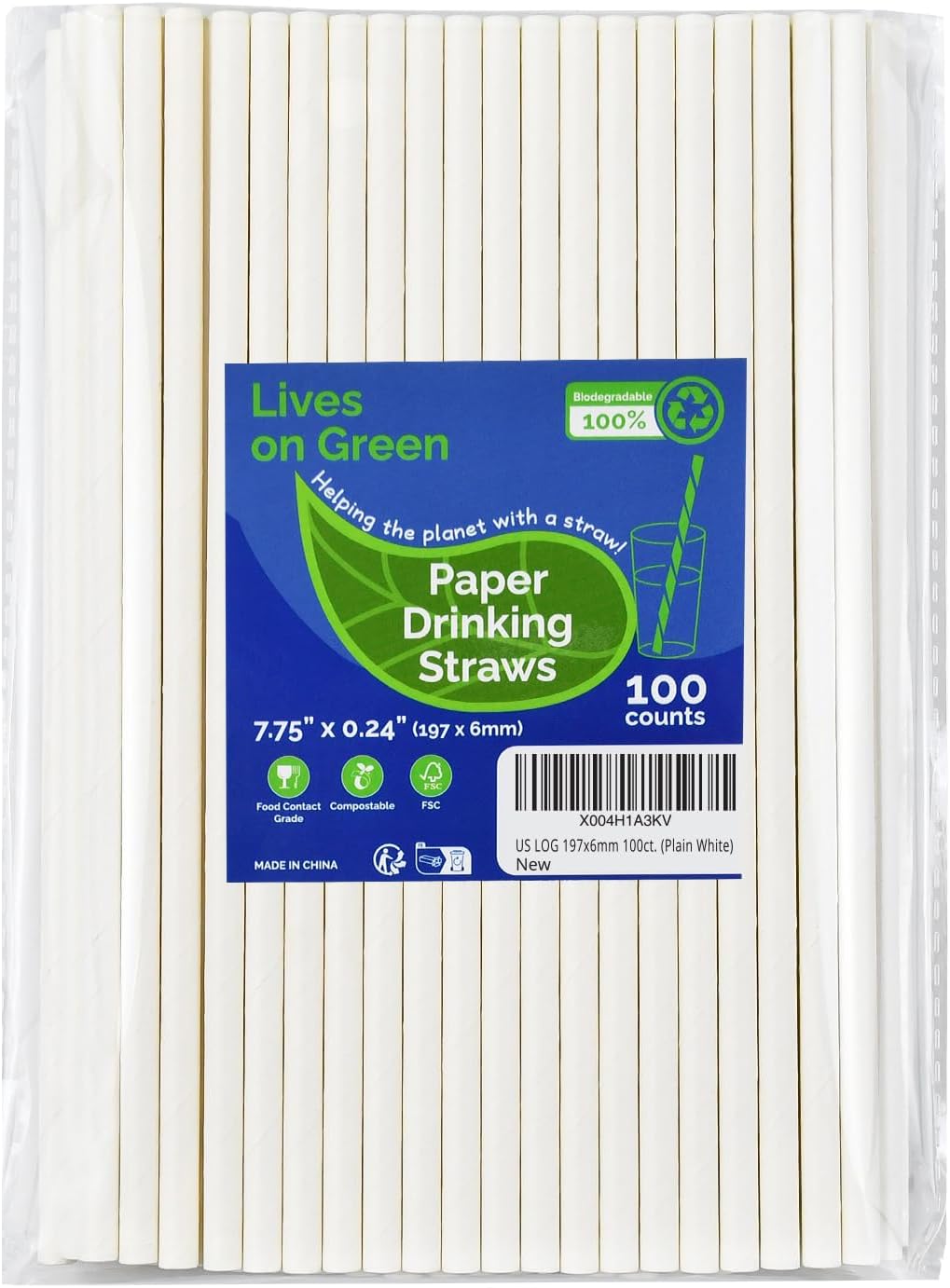 7.75 inch Disposable Paper Drinking Straws, Dye-free White, for Cocktails, Juice, Beverage, Coffee - 100 Counts