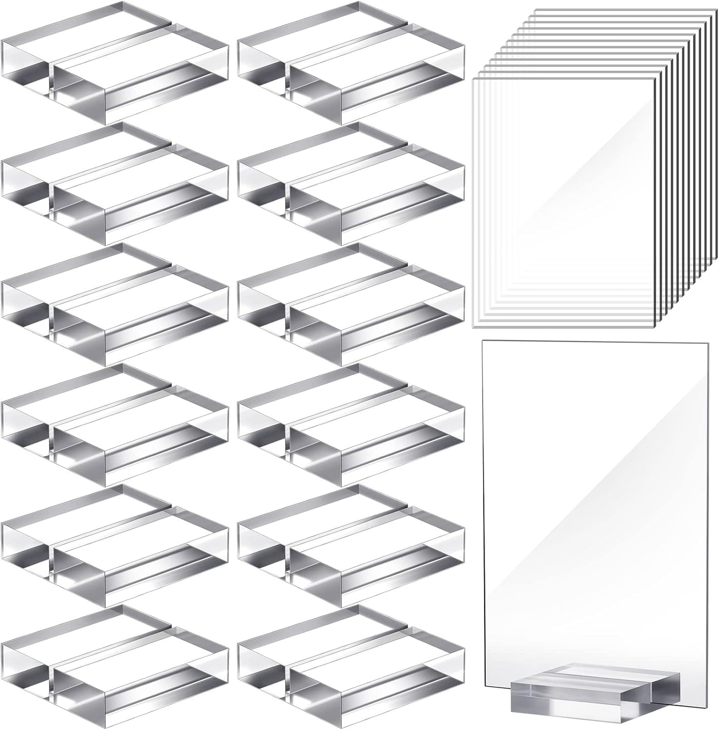 Yulejo 12 Pcs Clear Acrylic Place Cards with 12 Acrylic Holder Wedding Table Numbers with Acrylic Stand DIY Table Name Cards Plates for Wedding Reception Banquet Decors (4 x 6 x 0.08 Inch)