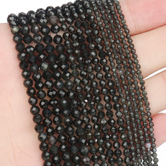 Song Xi 180pcs 2mm Natural Obsidian Gemstone Beads Faceted Round Loose Stone Beads for Jewelry Making