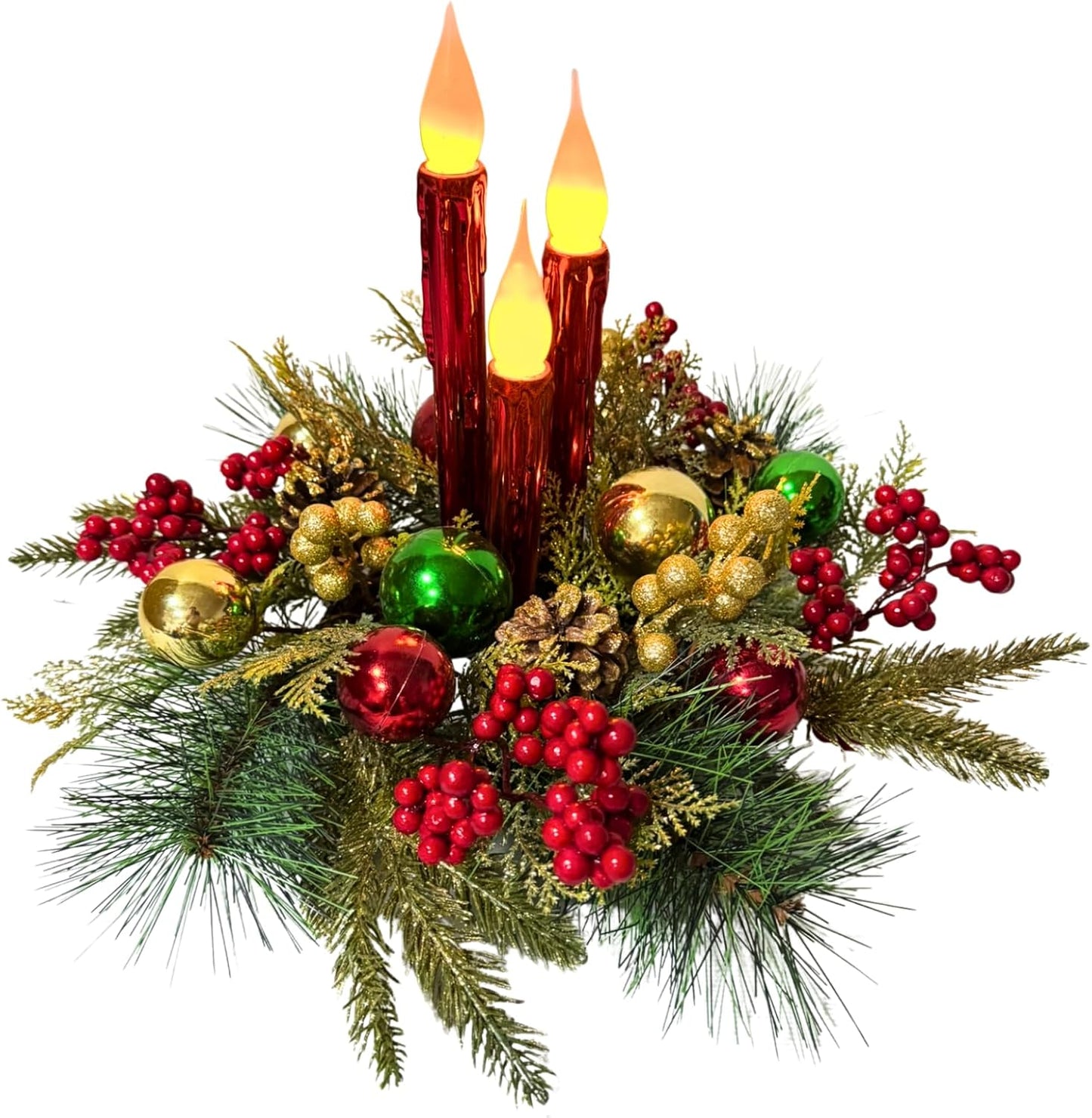 Christmas Floral Arrangement Centerpiece with 3 Flameless LED Candles, Battery Operated Lighted Holiday Table Decoration with Pine, Berries & Ornaments Holiday Winter Decorations