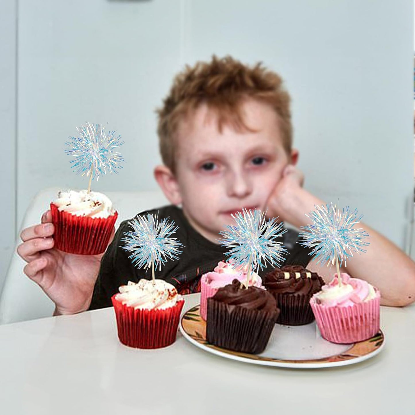 Gyufise 30Pcs Foil Firework Cupcake Toppers Sparkle Tinsel Cake Toppers Tinsel Drink Cake Decoration Cocktail Picks for Birthday Wedding Graduation Party Supplies Laser White