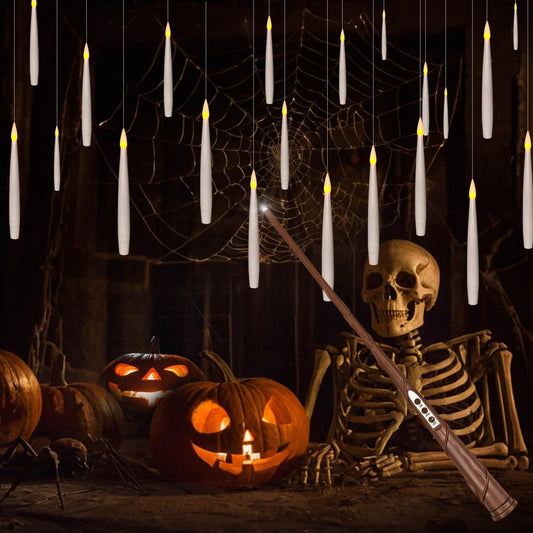 Leejec Floating Candles with Magic Wand Remote (6/18H Timer), 20pcs 6.1” Hanging Flameless Taper Candles, Flickering Warm Light, Halloween Christmas Classroom Windows Wedding Party Decor(White)