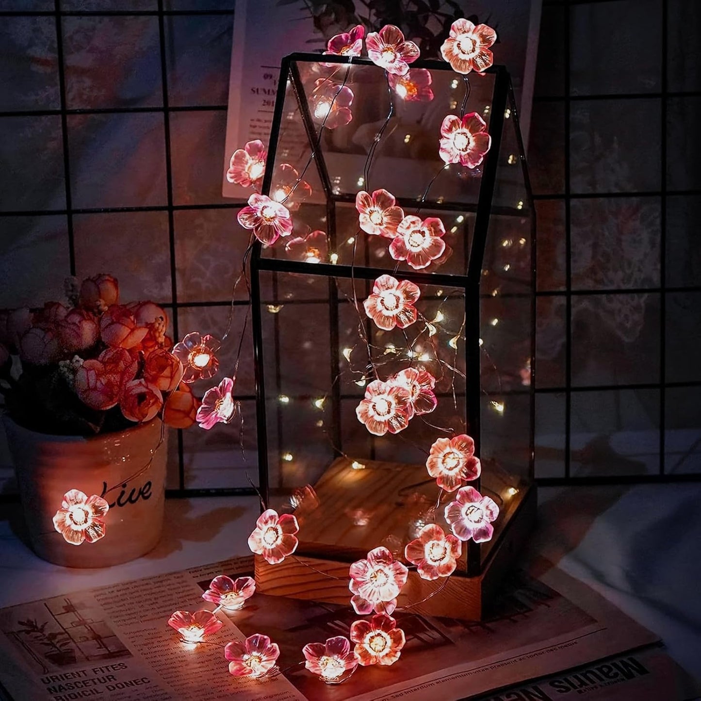 Pink Fairy Cherry Blossom Flower String Lights for Bedroom, USB Plug in and Battery Operated 13ft 40 LED Cute Indoor Outdoor Hanging Decorations for Birthday Wedding Party Christmas Easter
