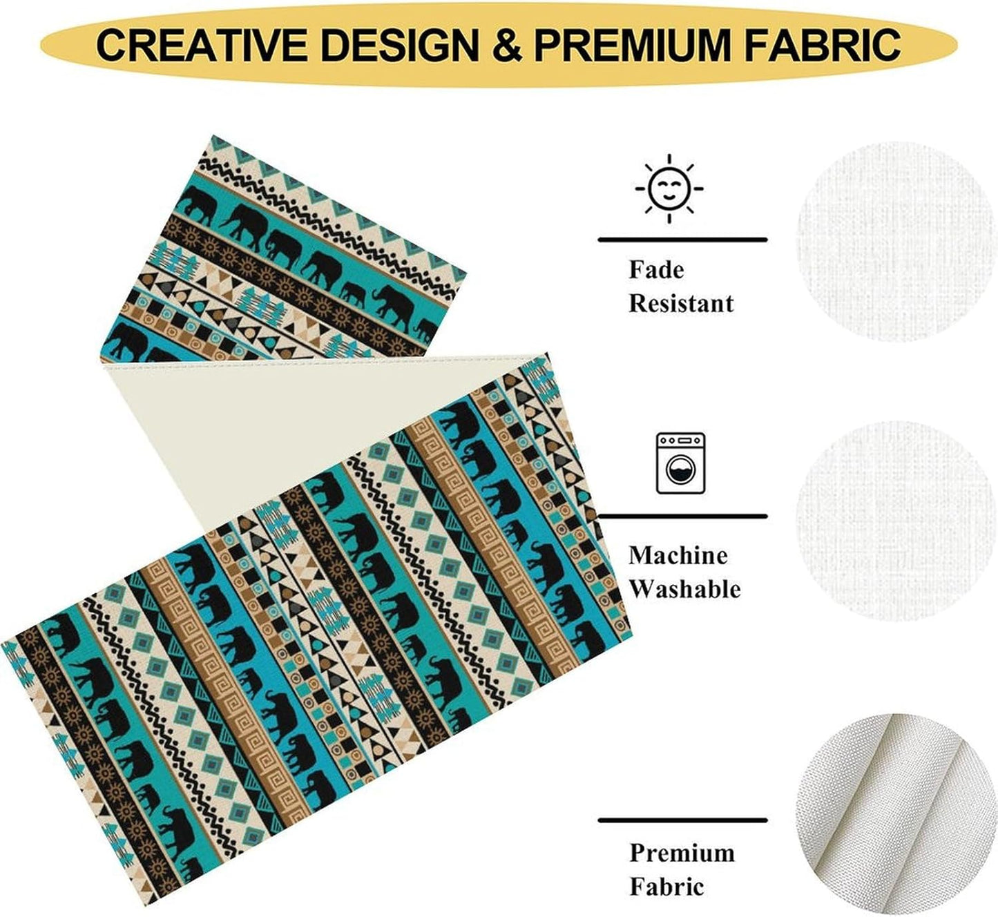 Boho Table Runner, Rustic Aztec Blue Teal African Elephant Tribal Ethnic Native Farmhouse Table Center Decor for Home Kitchen Dining Patio Holiday Party Indoor Outdoor Table Decorations, 13"x90" Inch