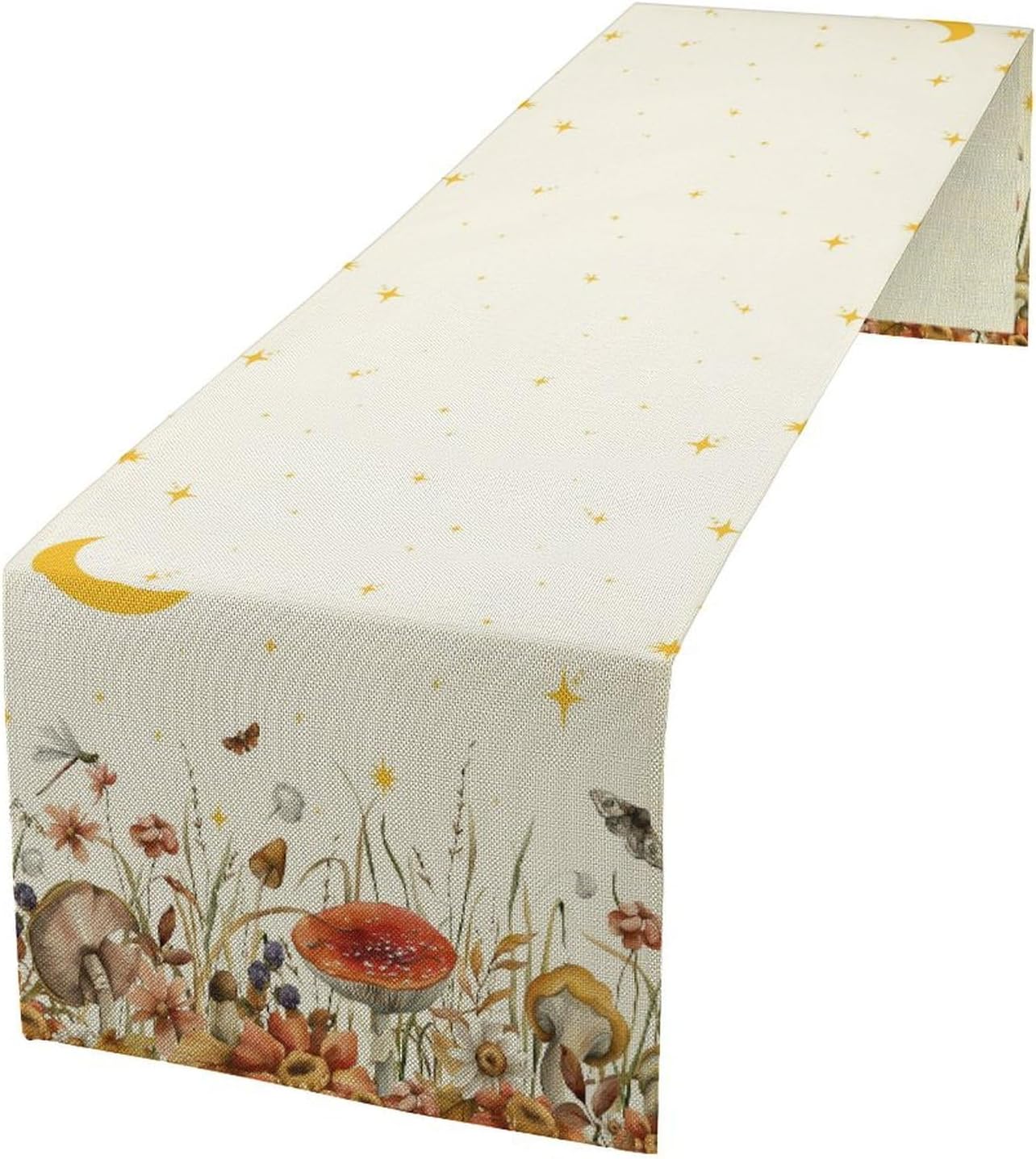 Mushroom Kitchen Table Runner, Gothic Moon Star Plants Witchy Moonlit Flower Butterfly Table Runner for Kitchen Dinner Living Room Drapes, 13x108 Inch White