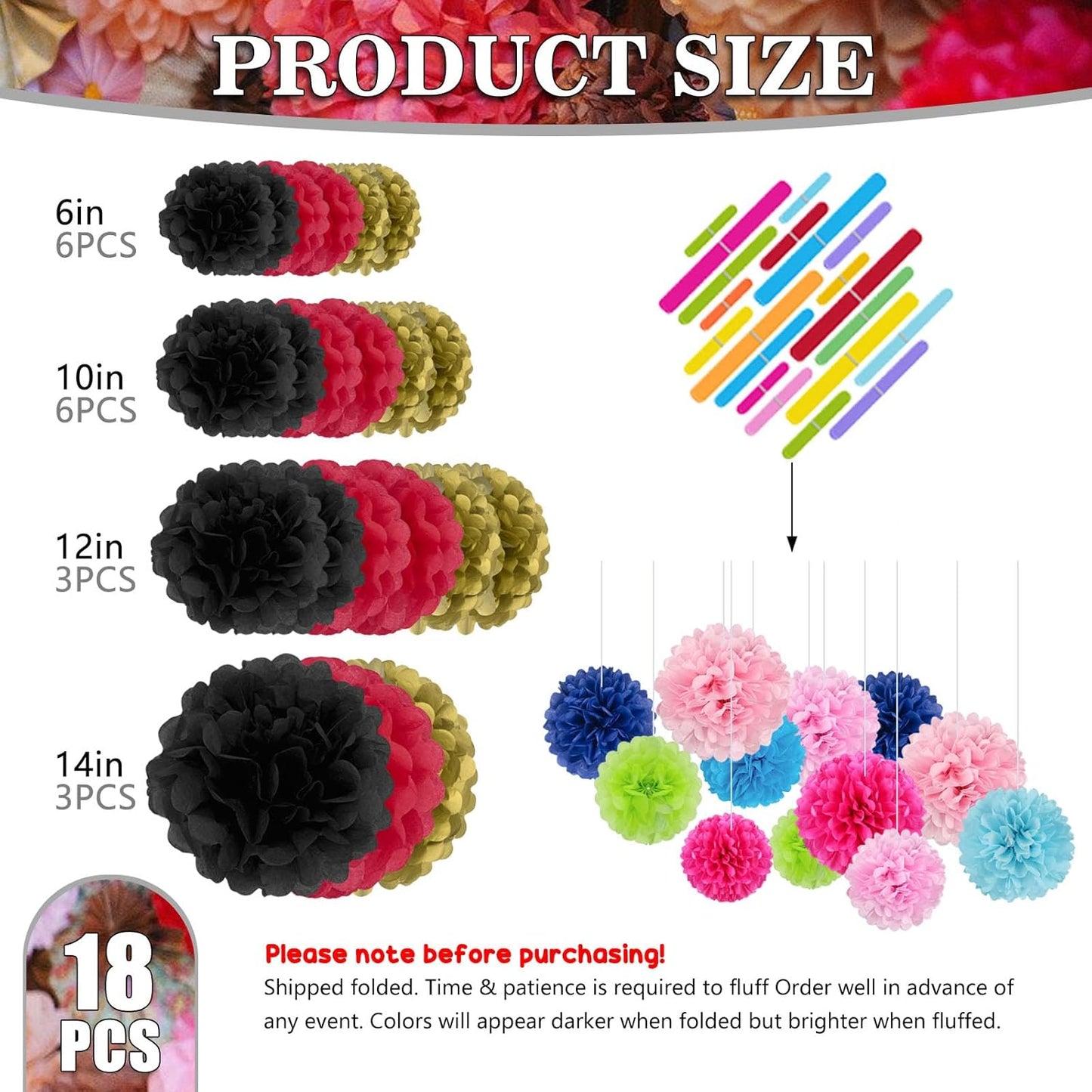 Tissue Paper Pom Poms, Black Gold Red Tissue Paper Flowers, Hanging Flower Balls for Weddings Fiesta Parties Birthday Baby Showers Classroom Bridal Shower Decoration (18Piece Set-6/10/12/14Inch)