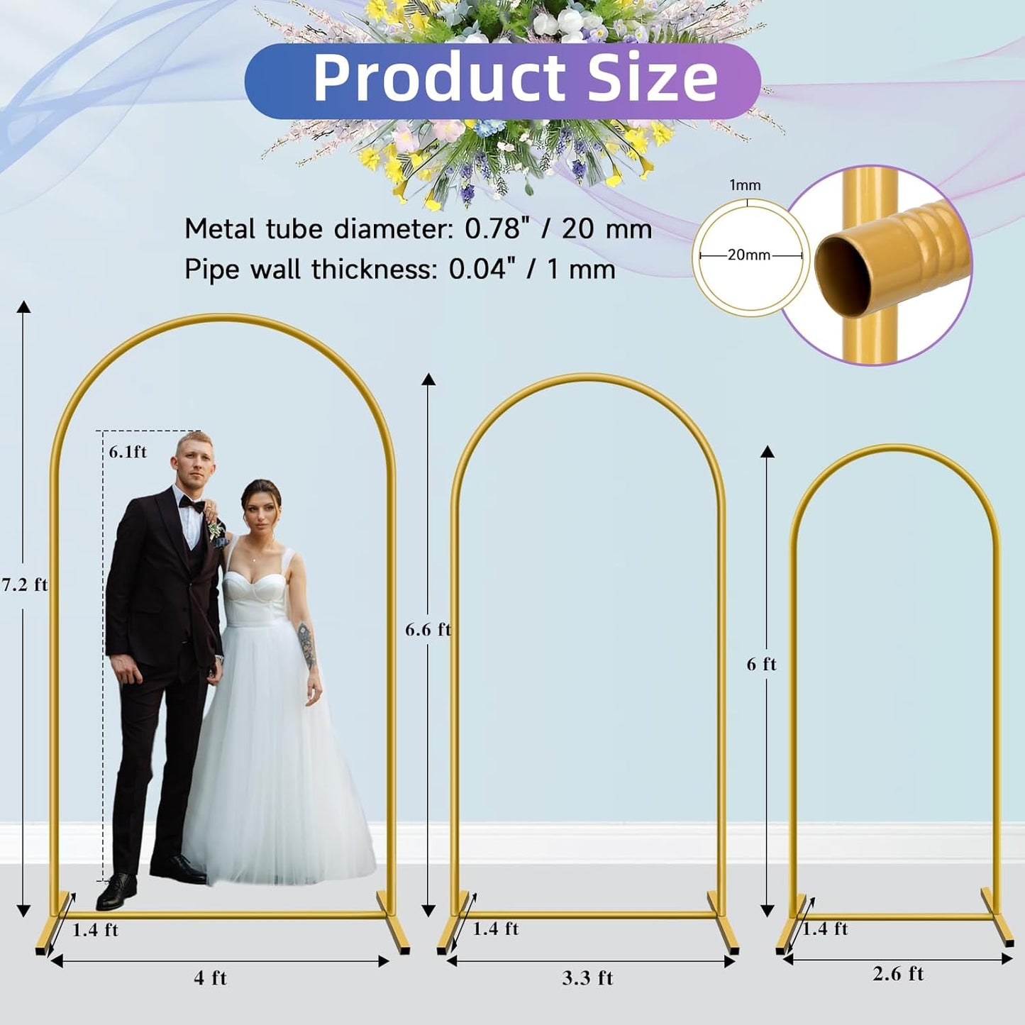 HEMMOTOP Metal Arch Backdrop Stand, Set of 3 (7.2ft / 6.6ft / 6ft) Wedding Arch Stand for Party, Birthday, Baby Shower - Background Arched Frame for Garden Decor, Gold Flower Arches Stands, 3 Pieces