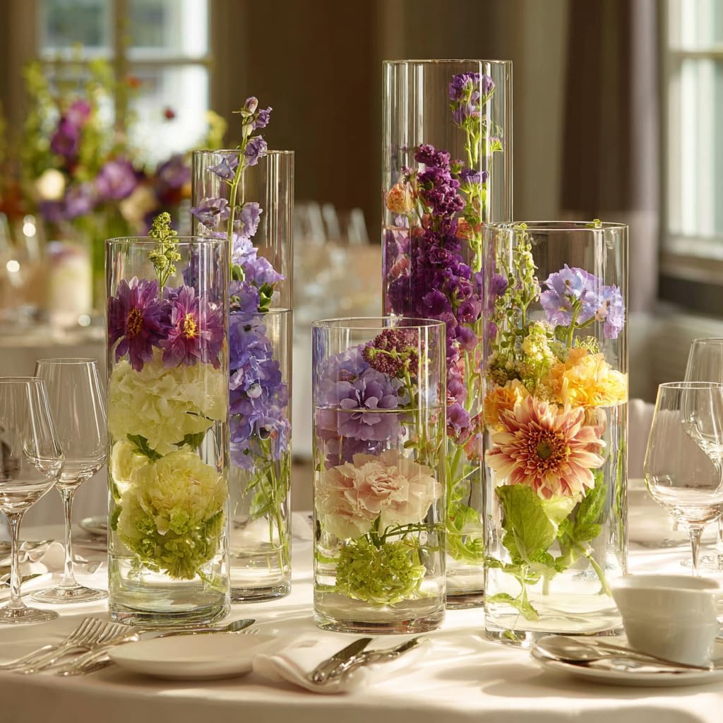 30pcs Glass Cylinder Vase for Centerpieces, 6,8,10,10,12 inch Tall Big Clear Flower Vase Bulk Floating Candle Holder for Wedding Table Home Décor and Party