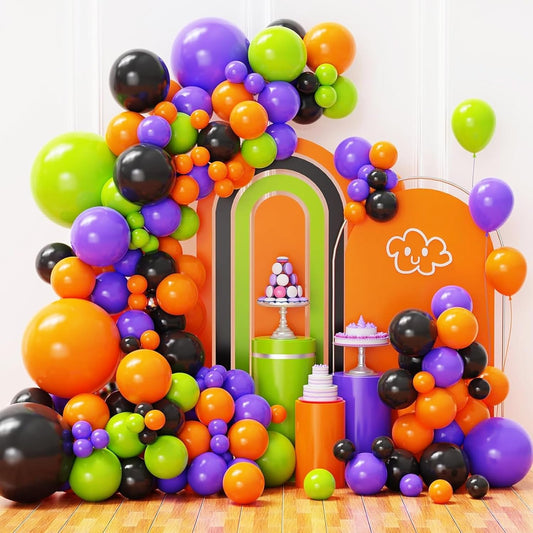 Halloween Balloons Arch Kit, Black, Orange, Purple and Green Balloons Garland Arch Kit for Birthday, Halloween Party Decorations