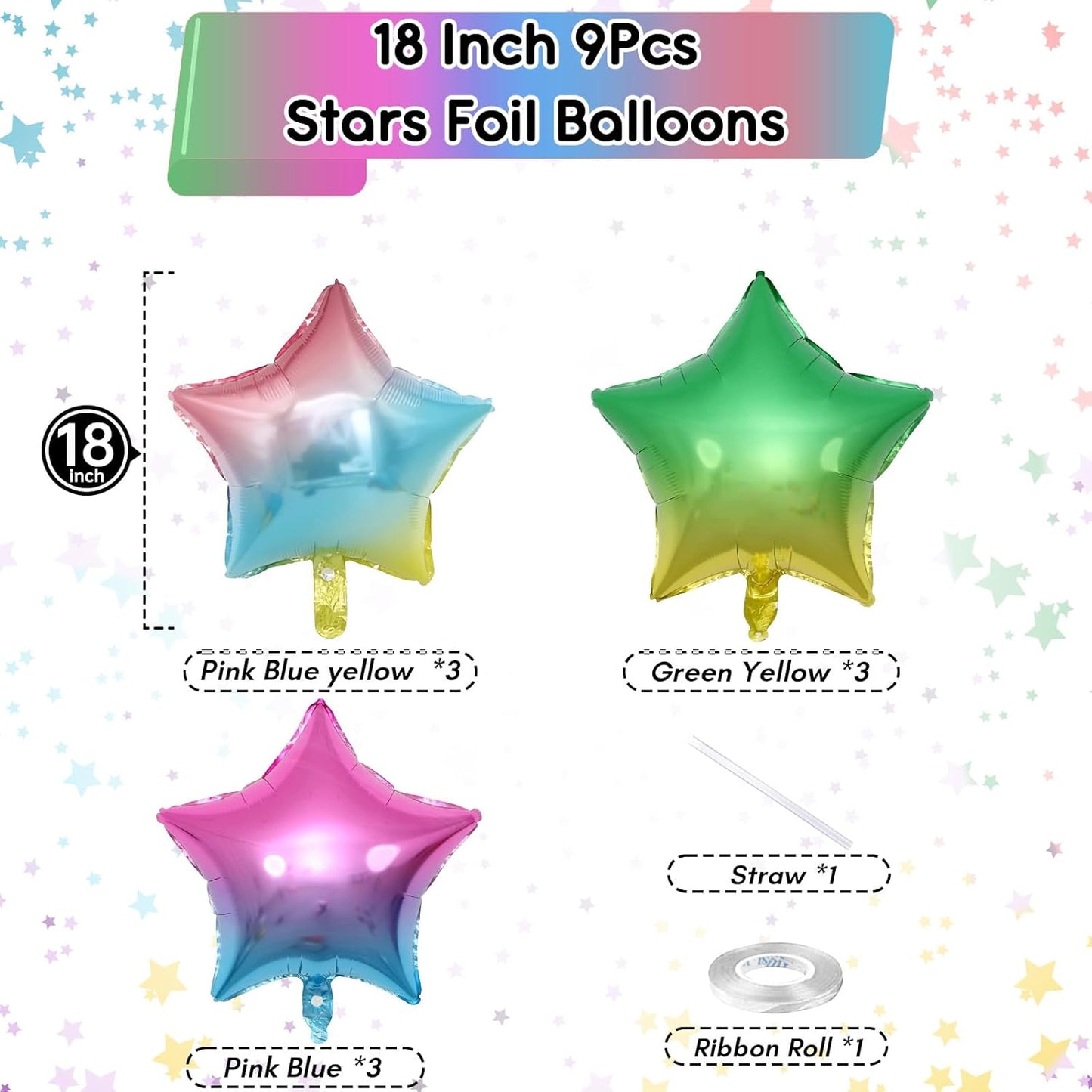Gradient Color Star Foil Balloons, 18 Inch Rainbow Stars Shape Mylar Helium Balloons Colorful Pentagram Aluminum Foil Party Balloons for Kids Birthday Rainbow Party Coloful Theme Party Decoration